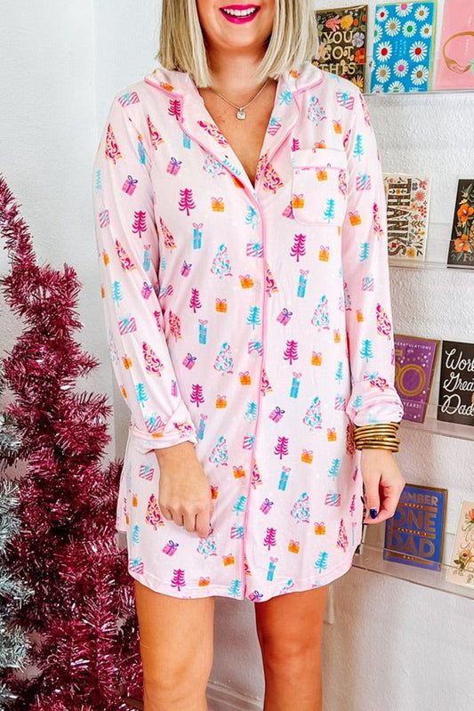 Blue Zone Planet | Pink Christmas Twinkle Tree Print Shirt Sleep Dress-TOPS / DRESSES-[Adult]-[Female]-Pink-S-2022 Online Blue Zone Planet