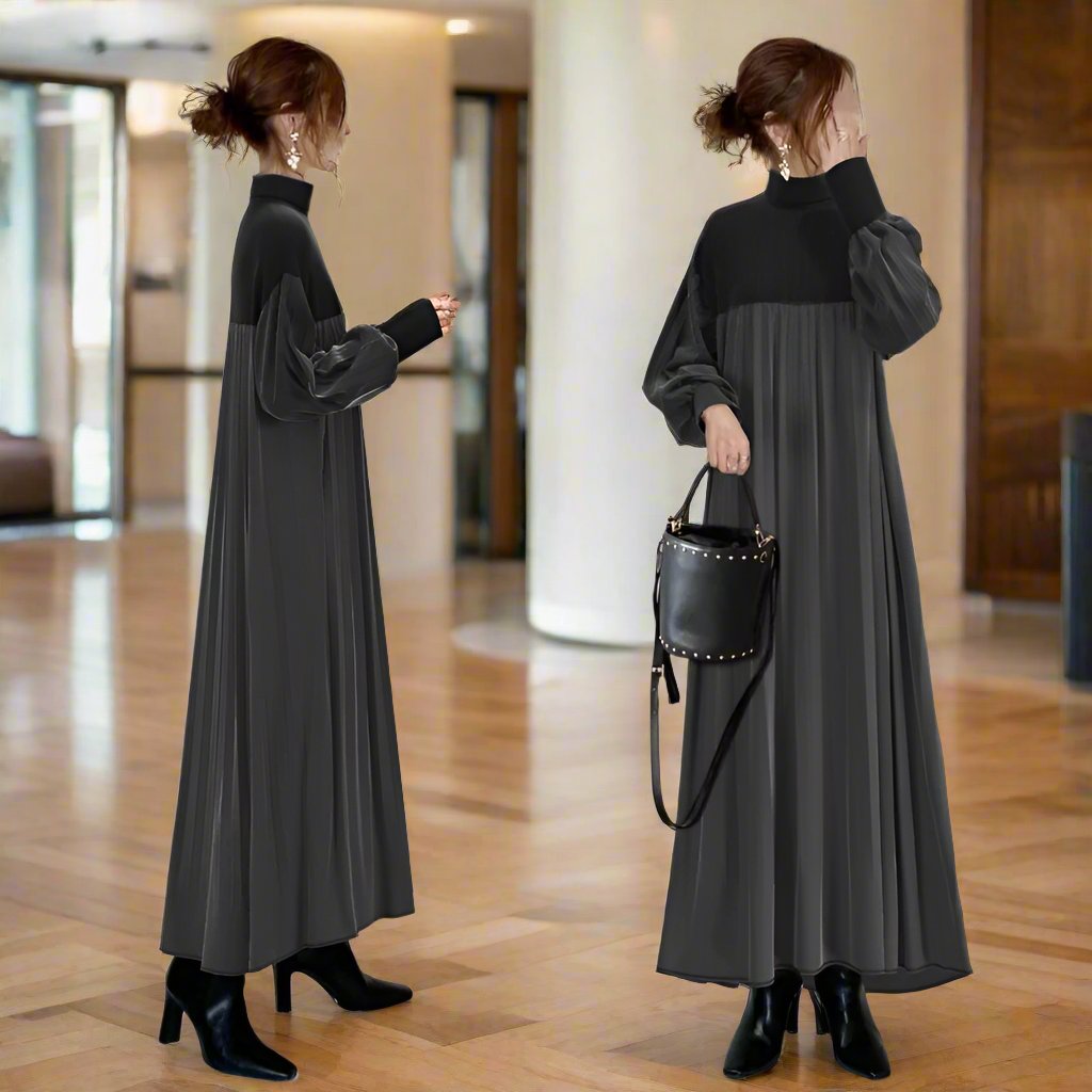 Autumn and winter new sweater patchwork black gray accordion pleated dress-[Adult]-[Female]-2022 Online Blue Zone Planet