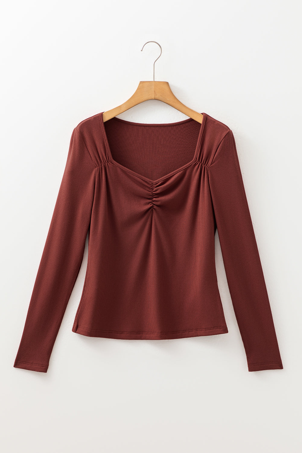 Burgundy Gathered Bust Square Neck Ribbed Fit Long Sleeve Top-Tops/Long Sleeve Tops-[Adult]-[Female]-2022 Online Blue Zone Planet