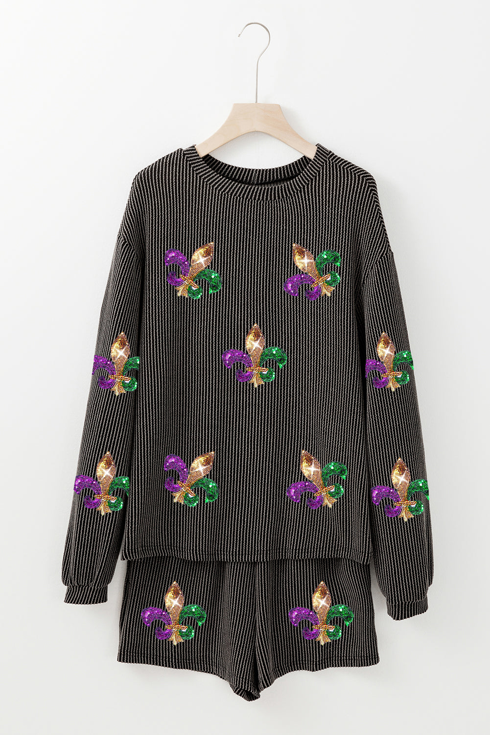 Carbon Grey Mardi Gras Fleur de Lis Patched Corded Long Sleeve Top and Shorts-Graphic/Graphic Sets-[Adult]-[Female]-2022 Online Blue Zone Planet