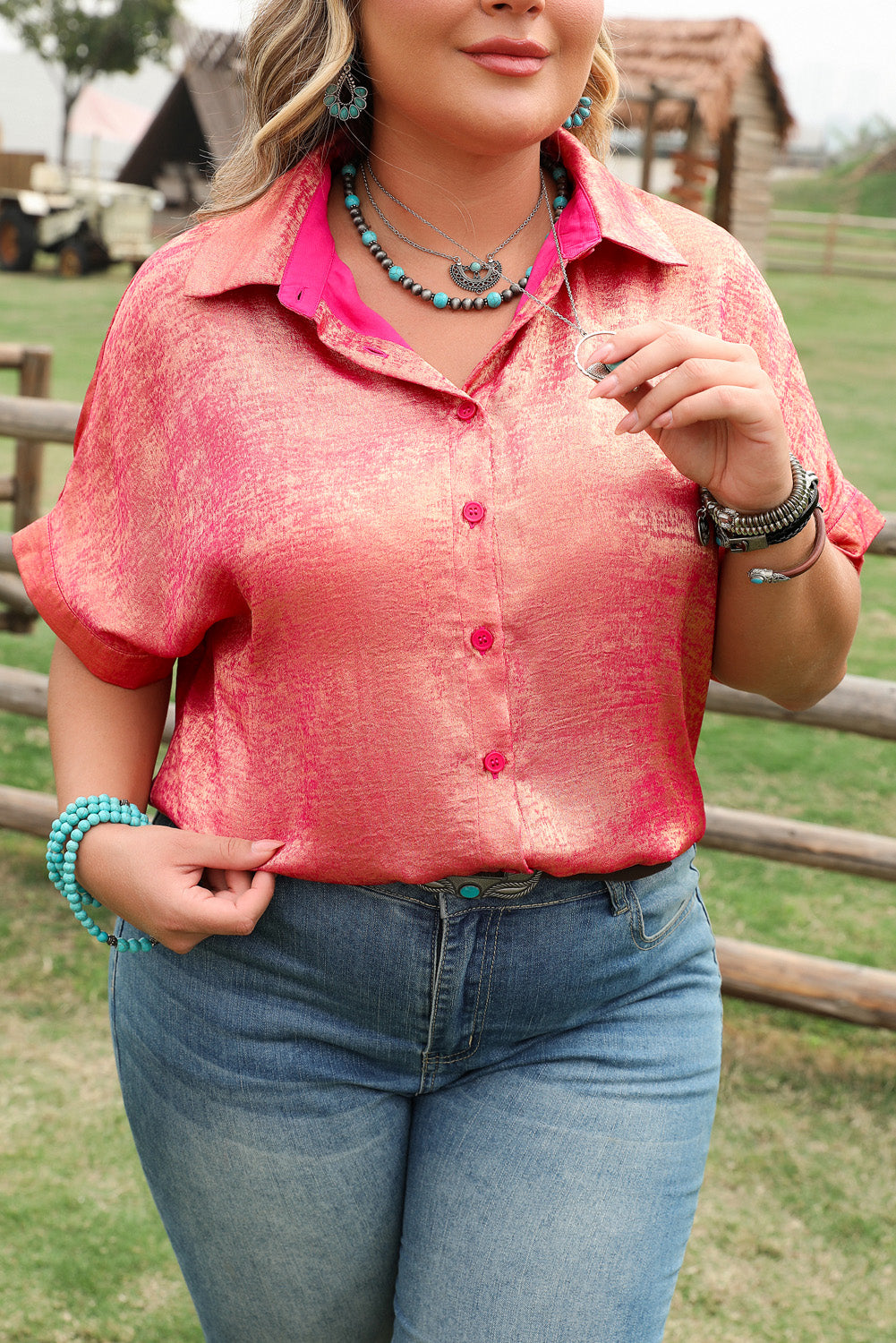 Rose Red Plus Size Metallic Sheen Short Sleeve Button Up Shirt-Plus Size/Plus Size Tops/Plus Size Blouses & Shirts-[Adult]-[Female]-2022 Online Blue Zone Planet