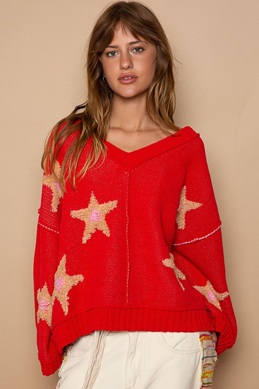 POL Long Sleeve Star Patch Sweater-TOPS / DRESSES-[Adult]-[Female]-Apple Red-S-2022 Online Blue Zone Planet