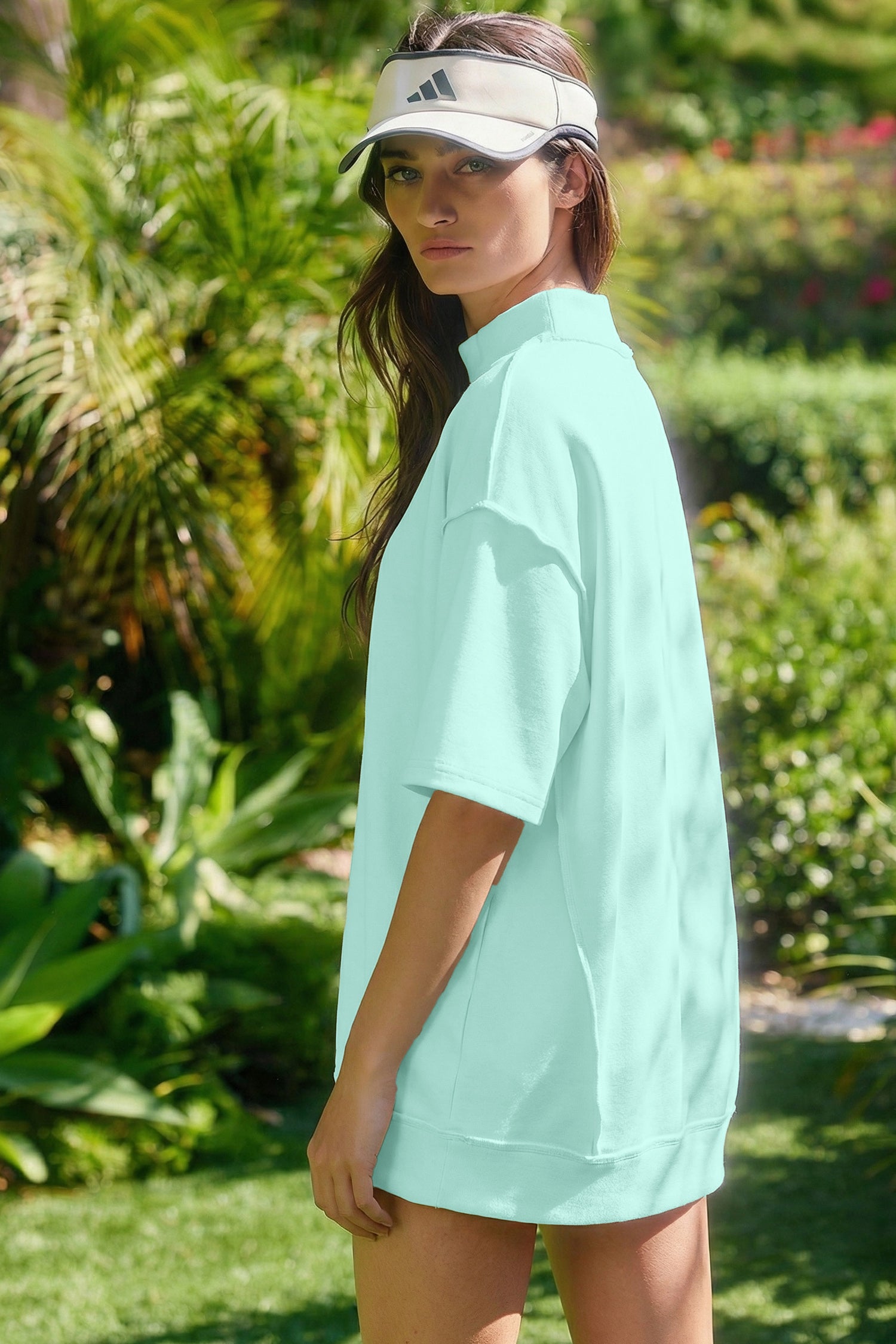 Light Pink Solid Color Exposed Seam Mock Neck Oversize Tee Casual Shorts 2pcs Outfit-Two Piece Sets/Short Sets-[Adult]-[Female]-2022 Online Blue Zone Planet