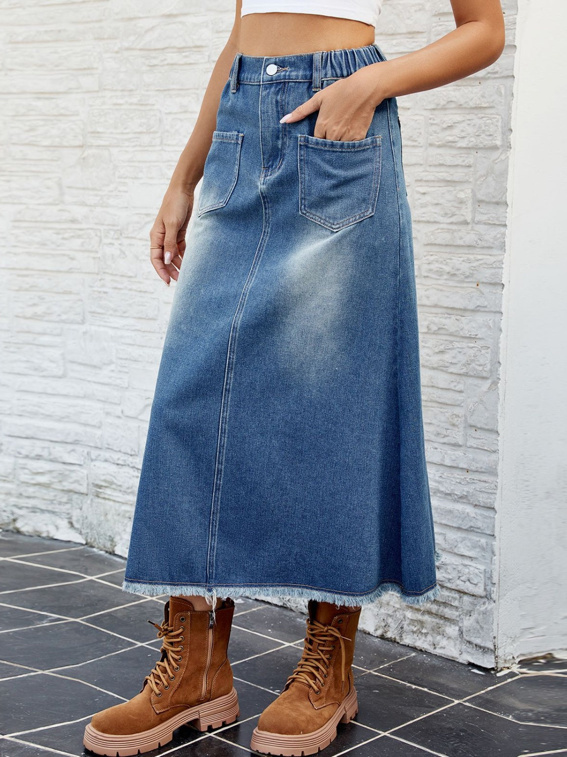 Raw Hem Buttoned Denim Skirt with Pockets-BOTTOMS SIZES SMALL MEDIUM LARGE-[Adult]-[Female]-2022 Online Blue Zone Planet