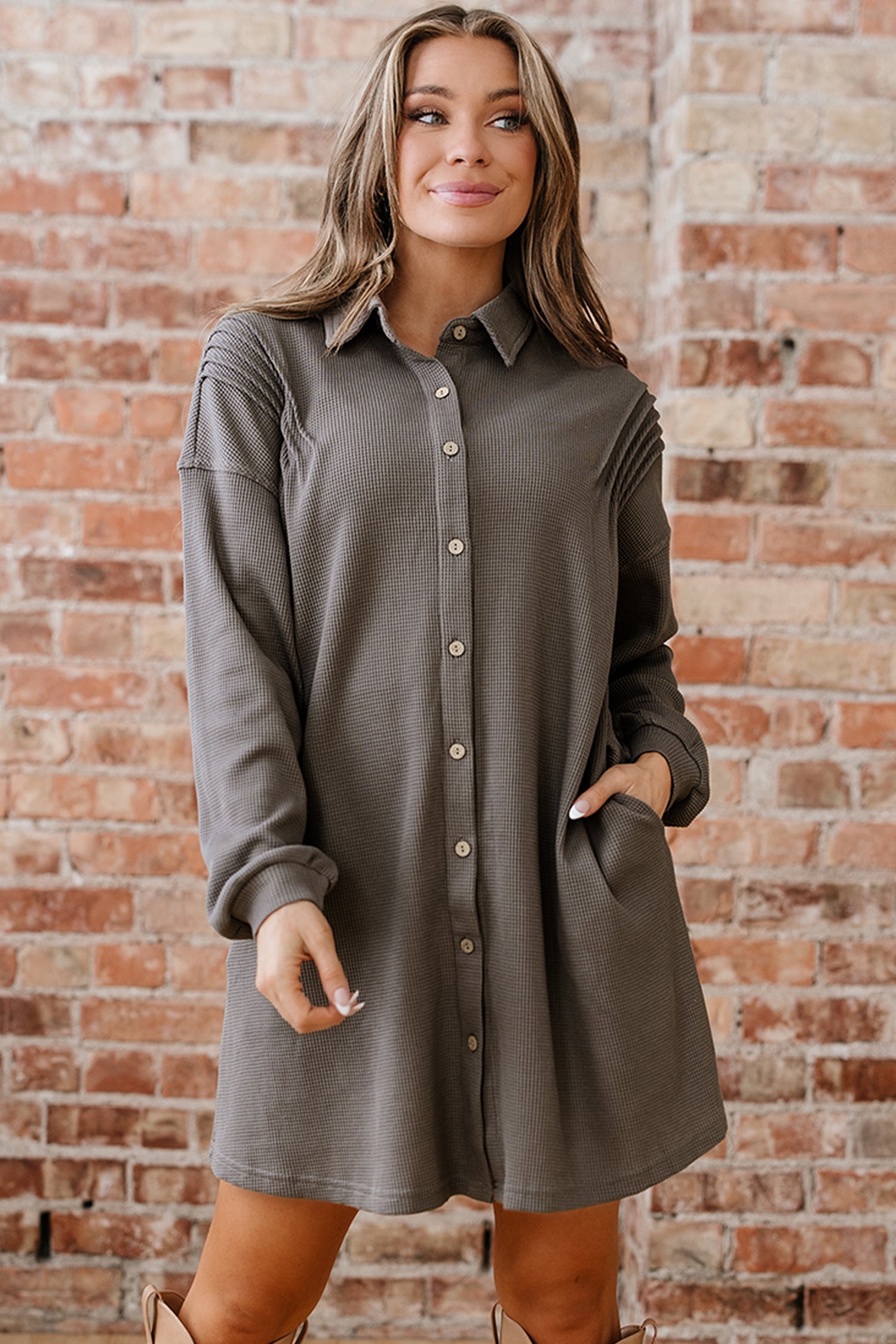Simply Taupe Waffle Knit Shirt Tunic Dress-Dresses/Mini Dresses-[Adult]-[Female]-2022 Online Blue Zone Planet