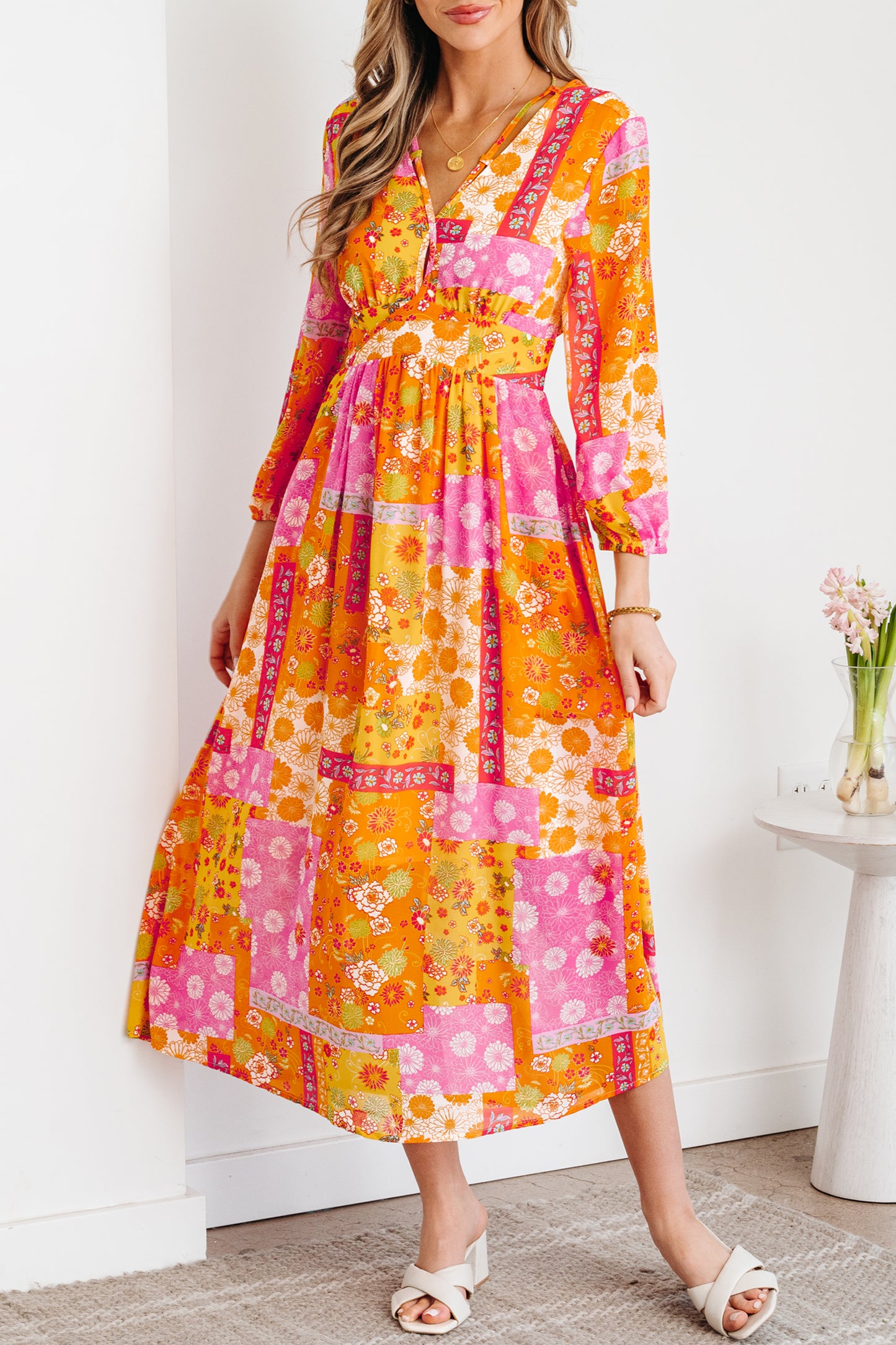 Orange Floral Patchwork Print Cut out Tied Back Bracelet Sleeve Maxi Dress-Bracelet-[Adult]-[Female]-2022 Online Blue Zone Planet