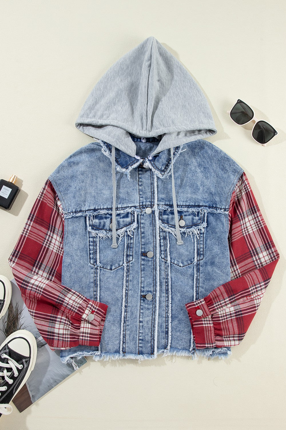 Raw Hem Drawstring Plaid Denim Jacket-TOPS / DRESSES-[Adult]-[Female]-2022 Online Blue Zone Planet