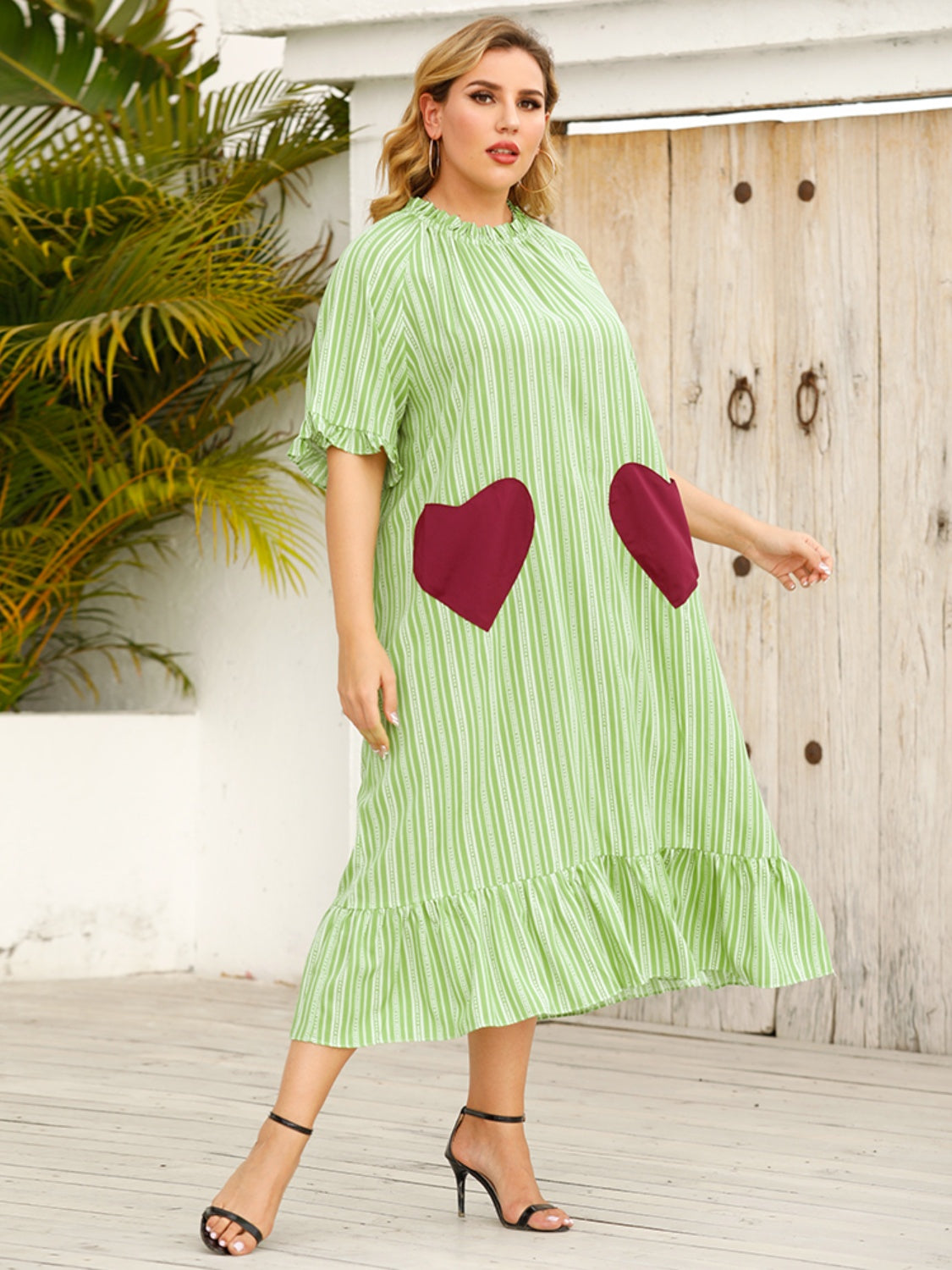 Plus Size Frill Heart Striped Half Sleeve Dress-TOPS / DRESSES-[Adult]-[Female]-2022 Online Blue Zone Planet