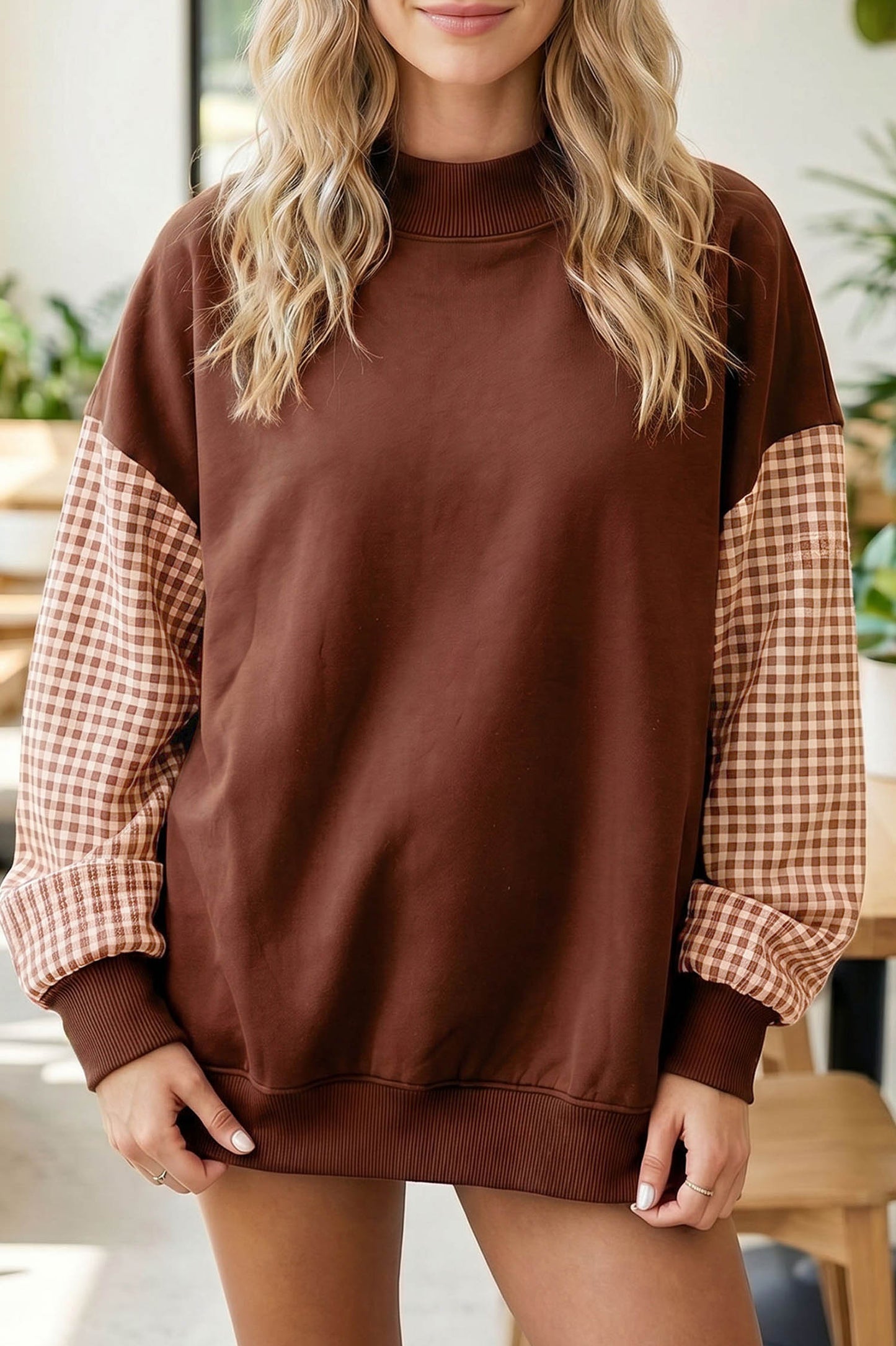 Coffee Plaid Sleeve Colorblock Loose Tunic Sweatshirt