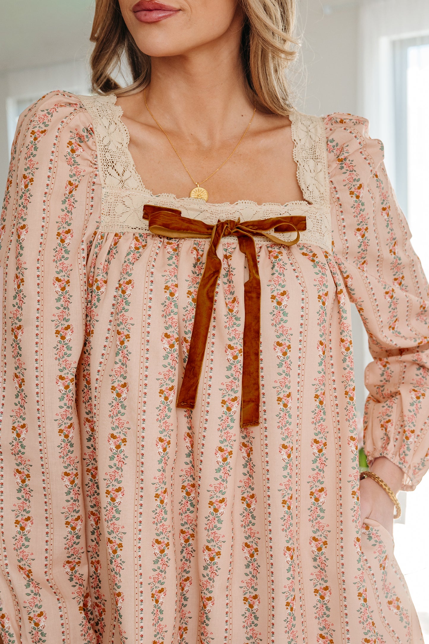 Khaki Floral Print Contrast Velvet Bow Lace Patchwork Long Sleeve Loose Mini Dress-TOPS / DRESSES-[Adult]-[Female]-2022 Online Blue Zone Planet