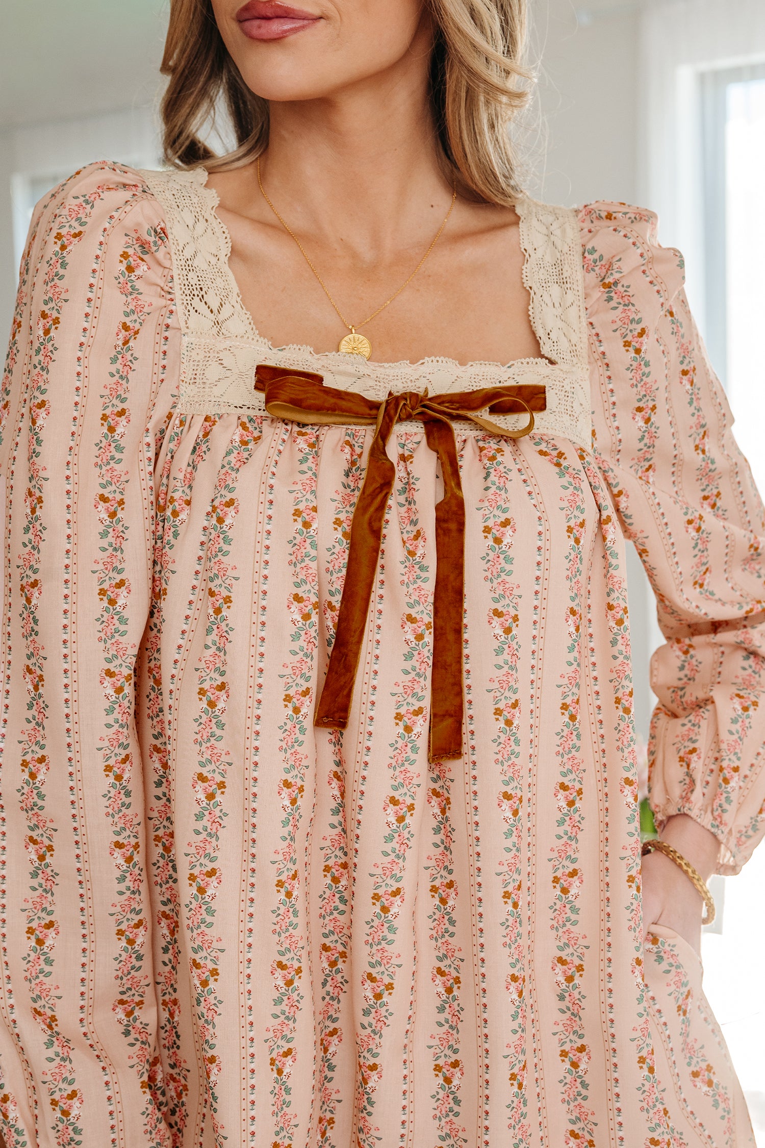 Khaki Floral Print Contrast Velvet Bow Lace Patchwork Long Sleeve Loose Mini Dress-TOPS / DRESSES-[Adult]-[Female]-2022 Online Blue Zone Planet