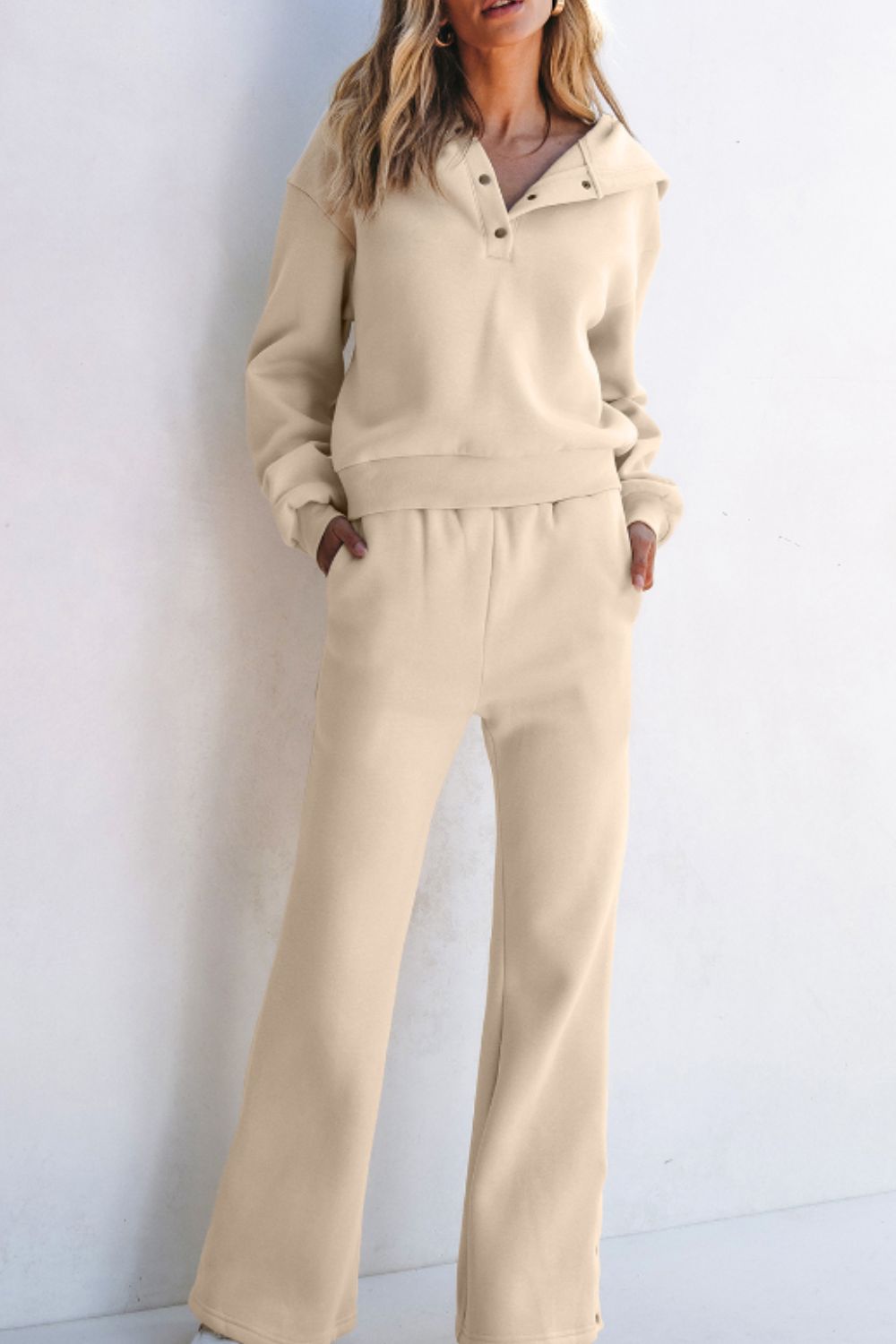 Half Snap Long Sleeve Hooded Top and Pants Set-TOPS / DRESSES-[Adult]-[Female]-Parchment-S-2022 Online Blue Zone Planet