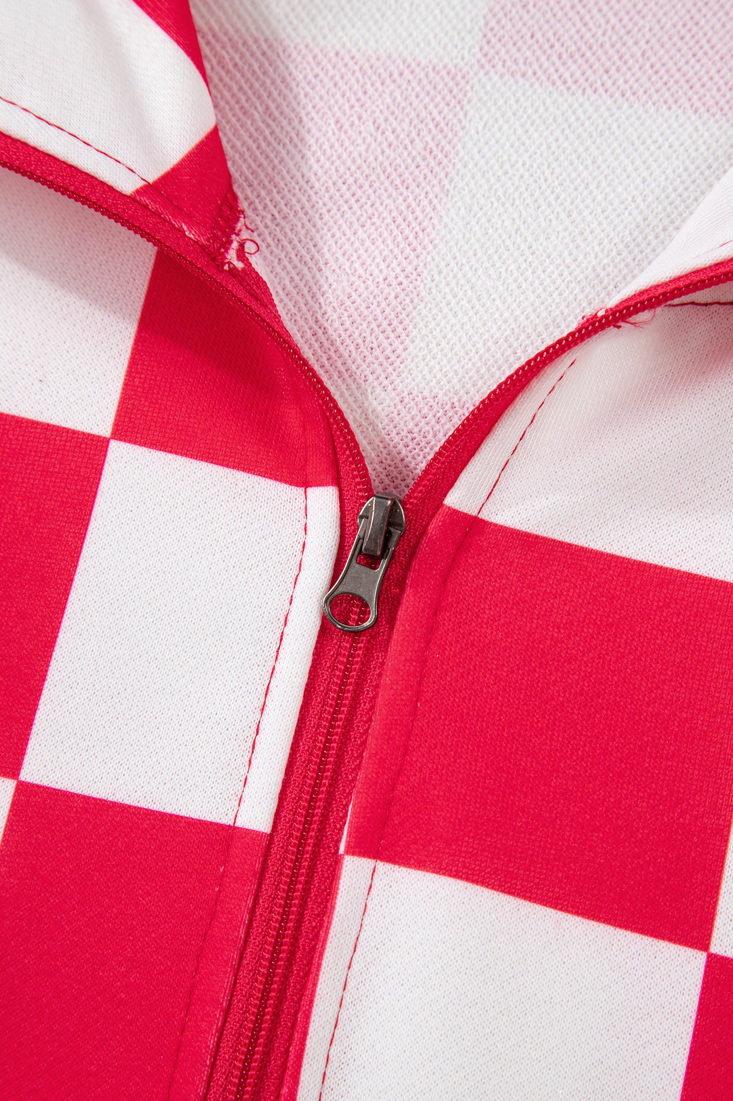 Red Checkered Print Half Zip Hoodie Loose Pant Set-Tops / Dresses-[Adult]-[Female]-2022 Online Blue Zone Planet