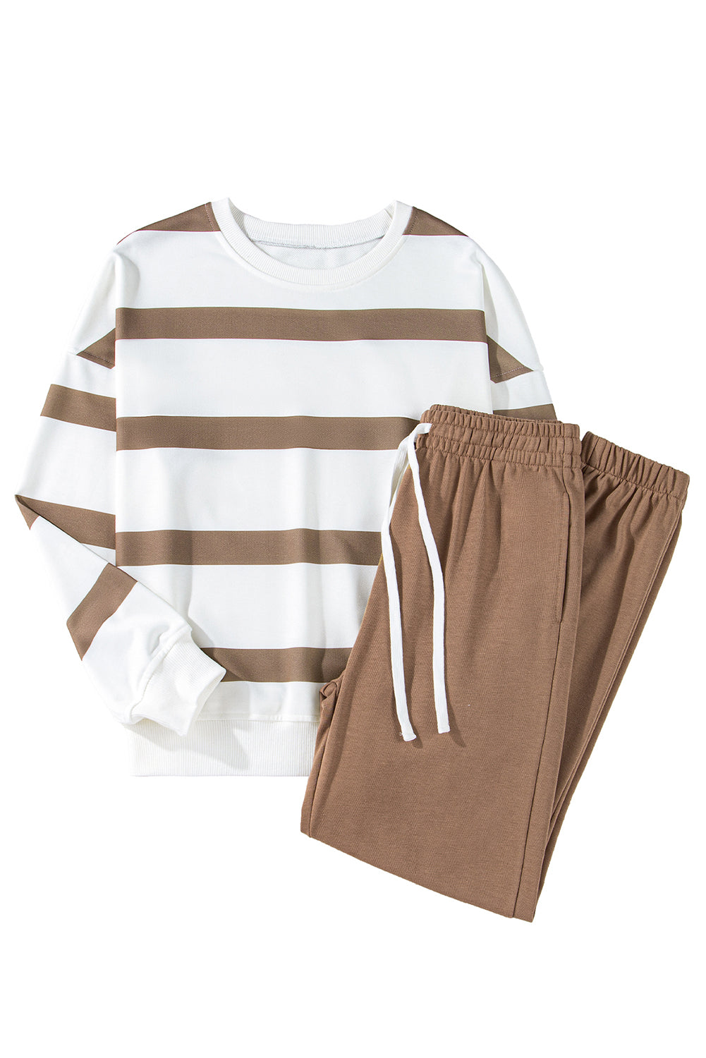 Blue Zone Planet | Light French Beige Striped Drop Shoulder Pullover and Joggers Set-Two Piece Pants Sets-[Adult]-[Female]-2022 Online Blue Zone Planet