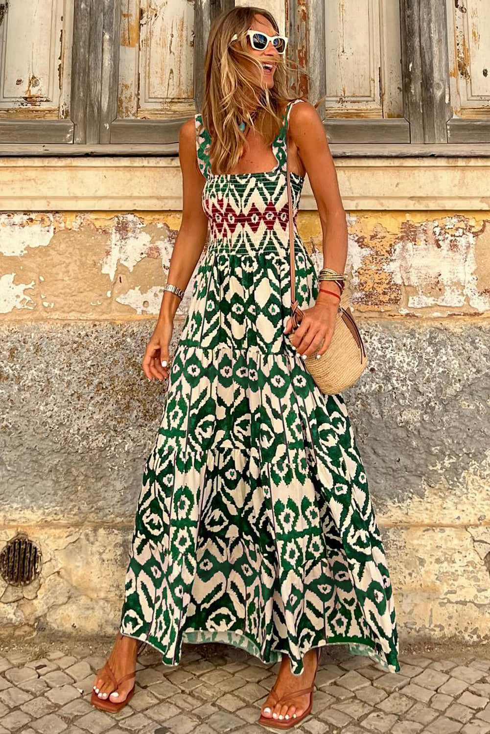 Green Boho Shirred A line Sleeveless Maxi Dress-Maxi Dresses-[Adult]-[Female]-2022 Online Blue Zone Planet