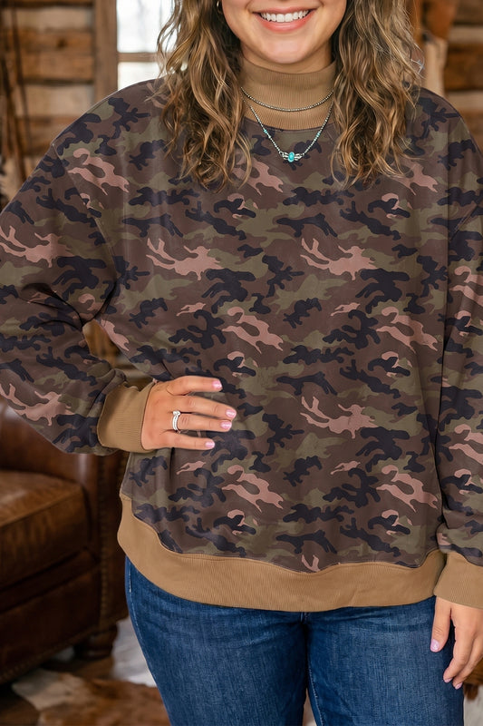 Green Camouflage Print High Neck Long Sleeve Oversized Shift Silhouette Tunic Length Plus Size Sweatshirt-Plus Size/Plus Size Sweatshirts & Hoodies-[Adult]-[Female]-Green-1X-2022 Online Blue Zone Planet