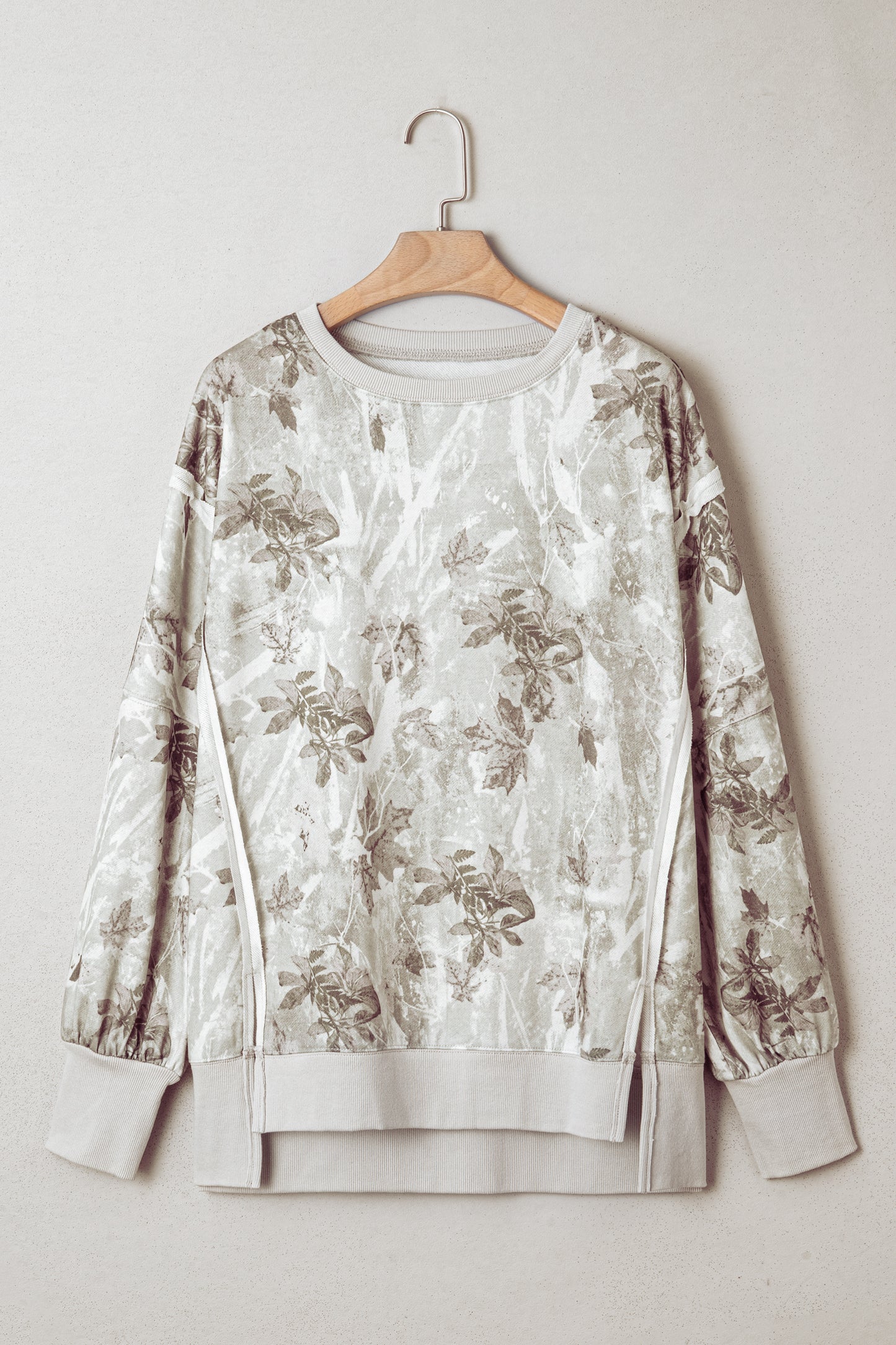 Gray Leafy Camo Print Exposed Seam Patchwork Baggy Slit Sweatshirt-Tops/Sweatshirts & Hoodies-[Adult]-[Female]-2022 Online Blue Zone Planet