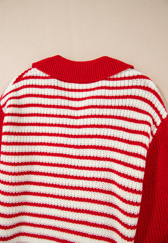 Striped Johnny Collar Long Sleeve Sweater-TOPS / DRESSES-[Adult]-[Female]-2022 Online Blue Zone Planet