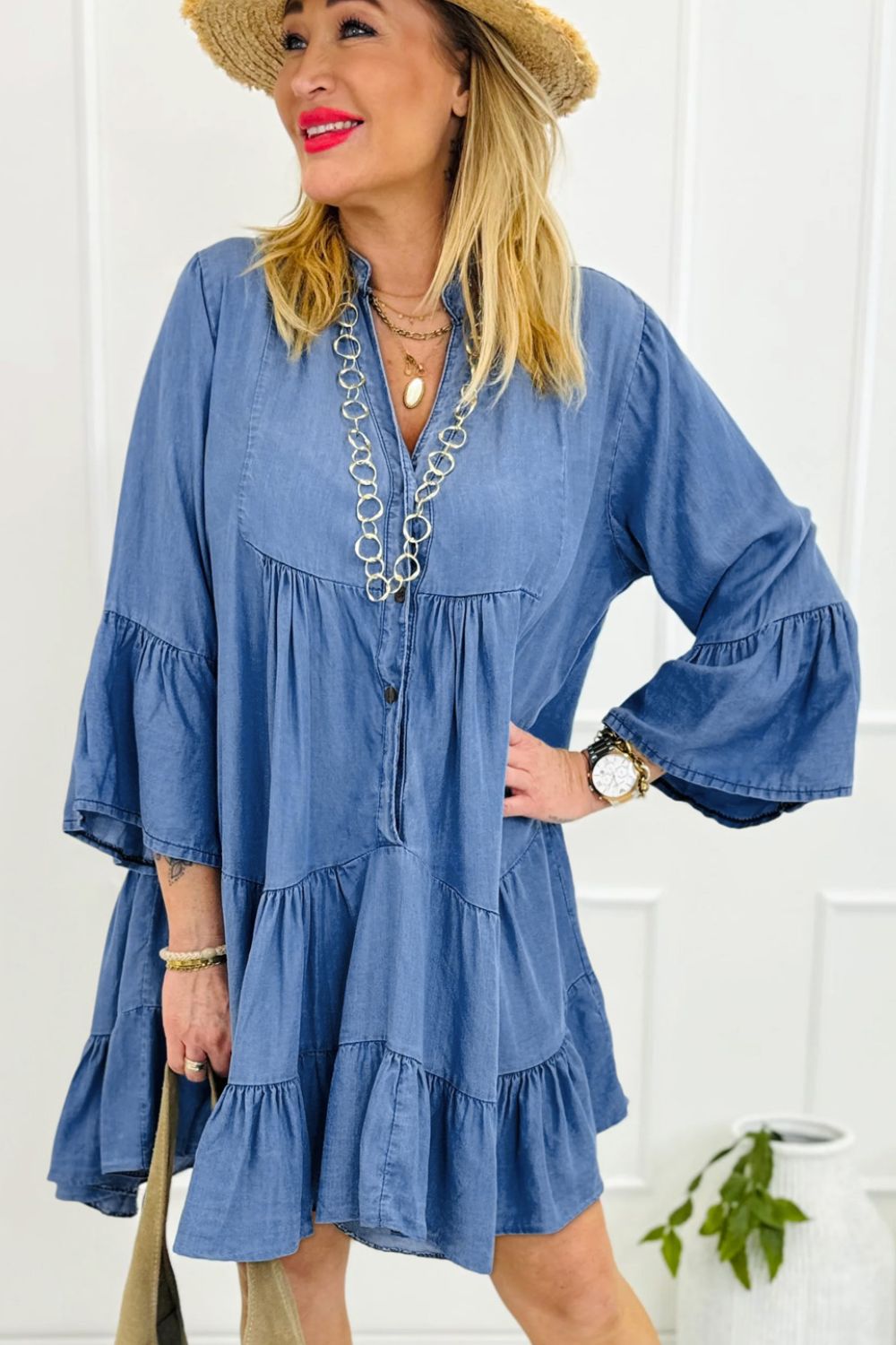 Notched Three-Quarter Sleeve Denim Dress-TOPS / DRESSES-[Adult]-[Female]-2022 Online Blue Zone Planet