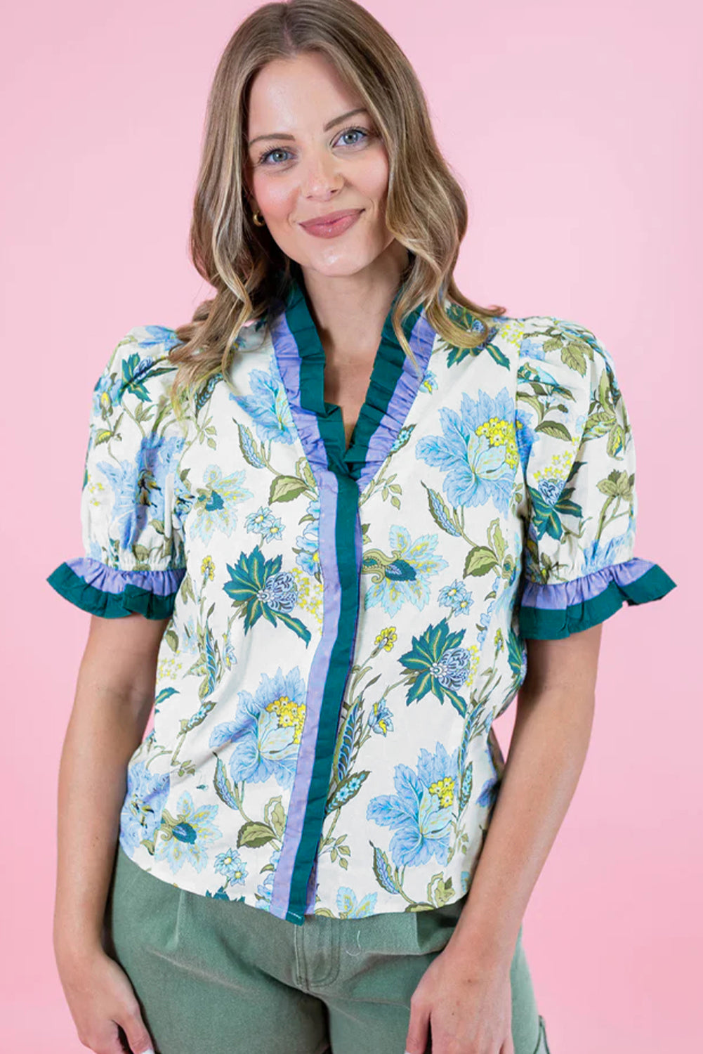 Beige Floral Print Contrasted Frilled Striped Trim Short Sleeve Blouse-Tops/Blouses & Shirts-[Adult]-[Female]-2022 Online Blue Zone Planet