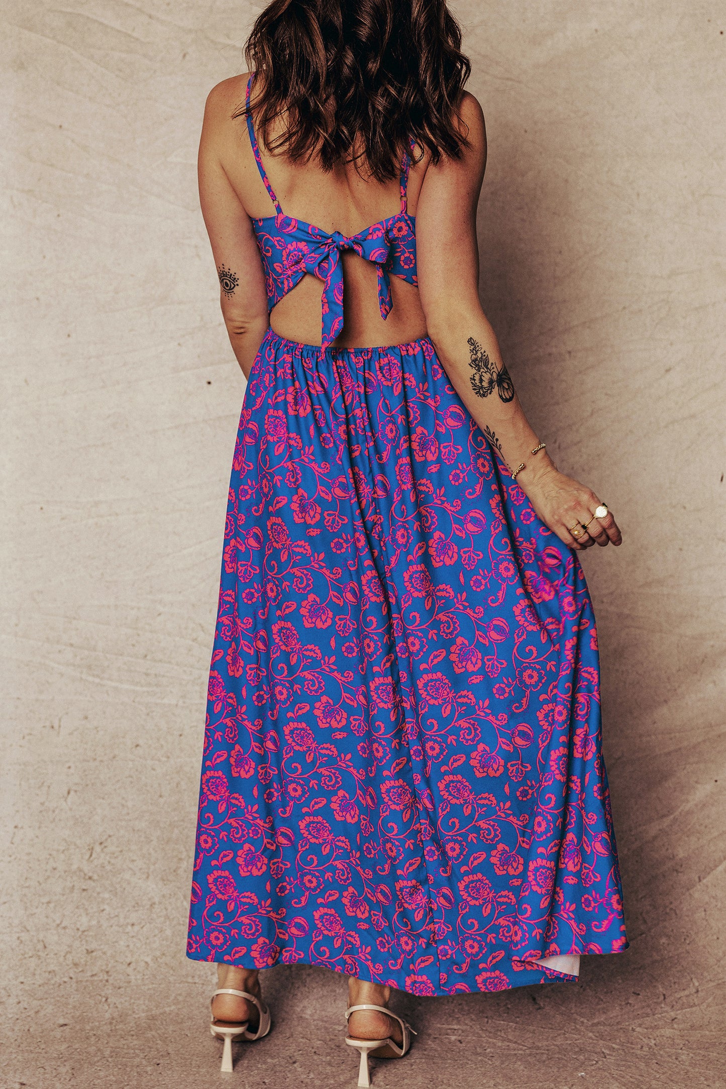 Blue Floral Print Twisted V Neck Tied Backless Maxi Dress-TOPS / DRESSES-[Adult]-[Female]-2022 Online Blue Zone Planet