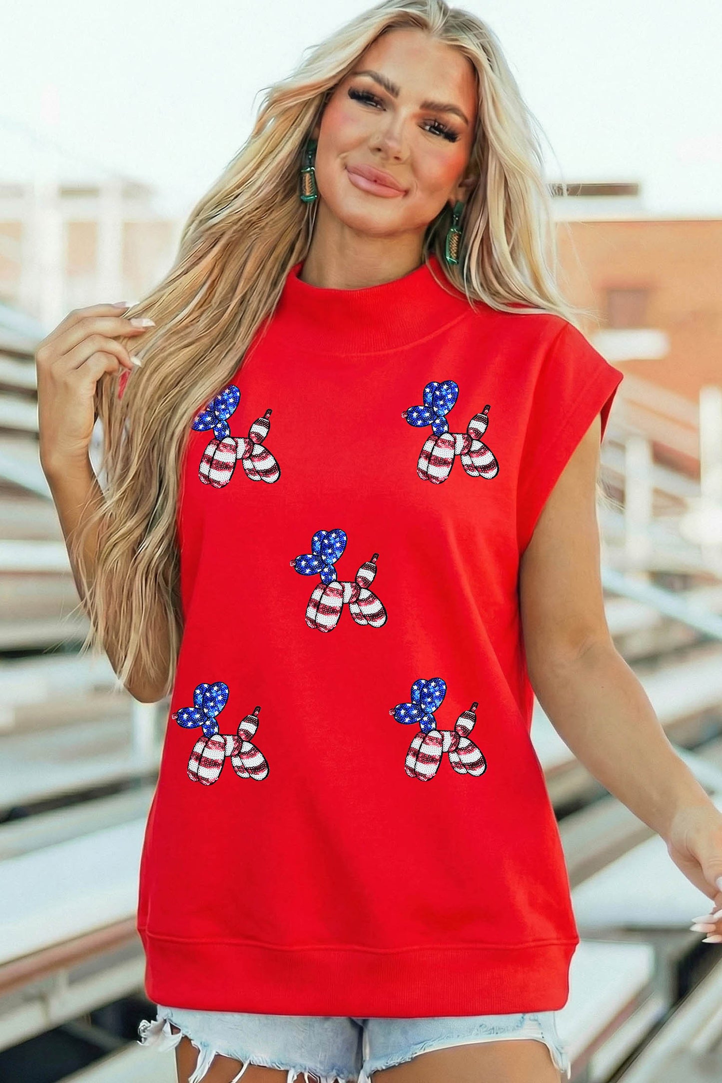 Racing Red Sequin American Flag Balloon Dog High Neck Short Sleeve Top-Graphic/Graphic Tees-[Adult]-[Female]-2022 Online Blue Zone Planet