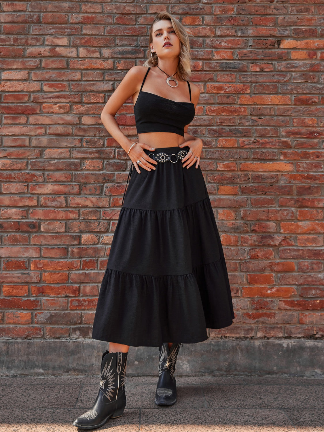 Elastic Waist Tiered Midi Skirt-BOTTOMS SIZES SMALL MEDIUM LARGETTOMS-[Adult]-[Female]-2022 Online Blue Zone Planet