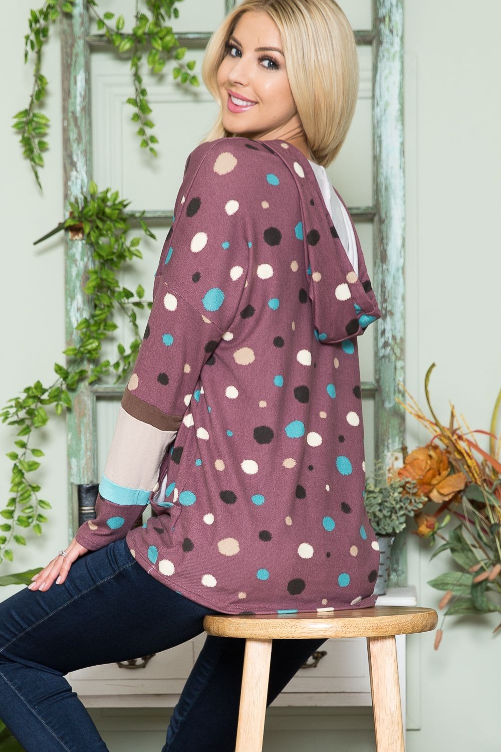 Celeste Full Size Polka Dot Drawstring Hoodie-TOPS / DRESSES-[Adult]-[Female]-2022 Online Blue Zone Planet