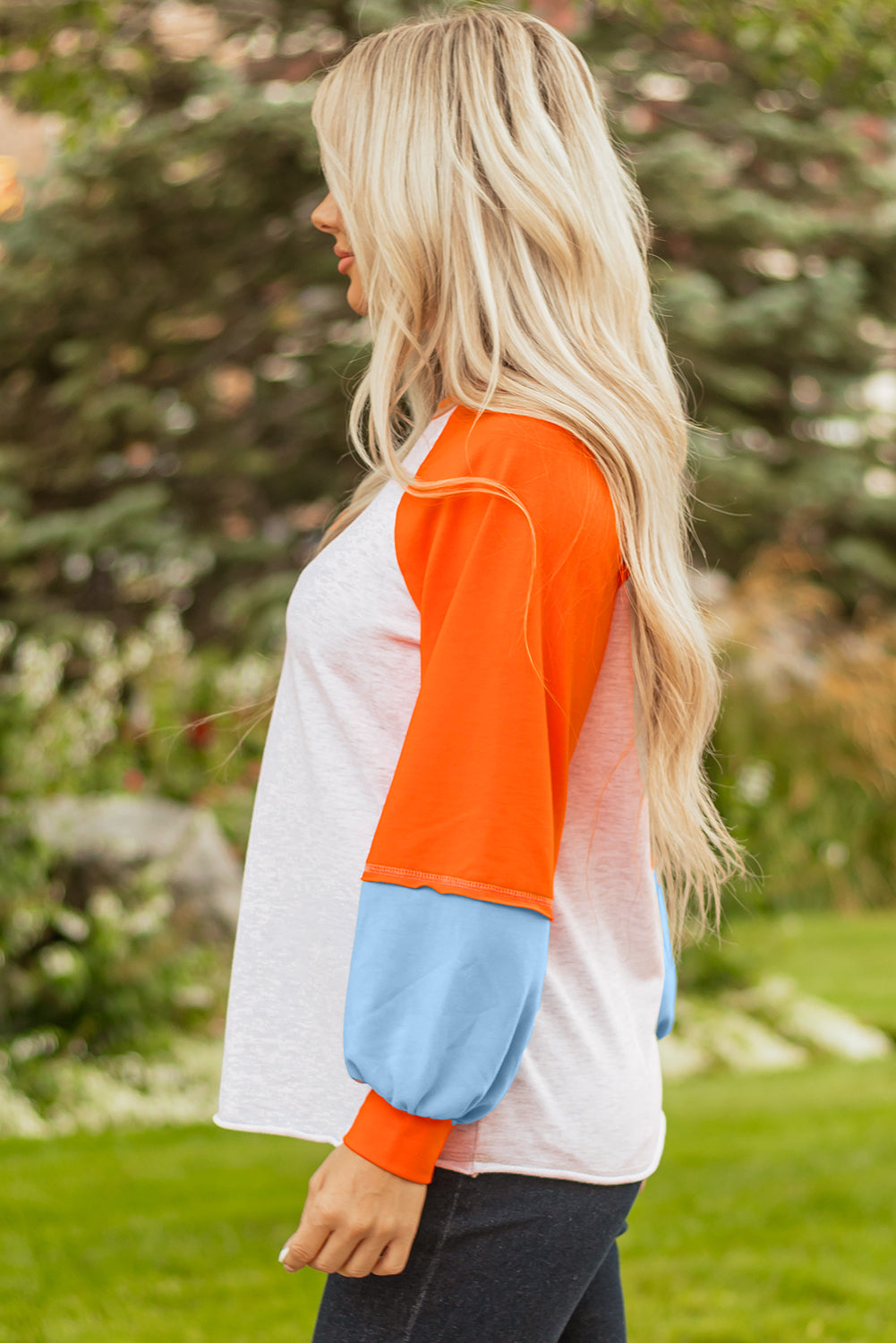 Light Grey Color Block Raglan Sleeve Contrast Stitching Loose Fit Top-Tops/Long Sleeve Tops-[Adult]-[Female]-2022 Online Blue Zone Planet