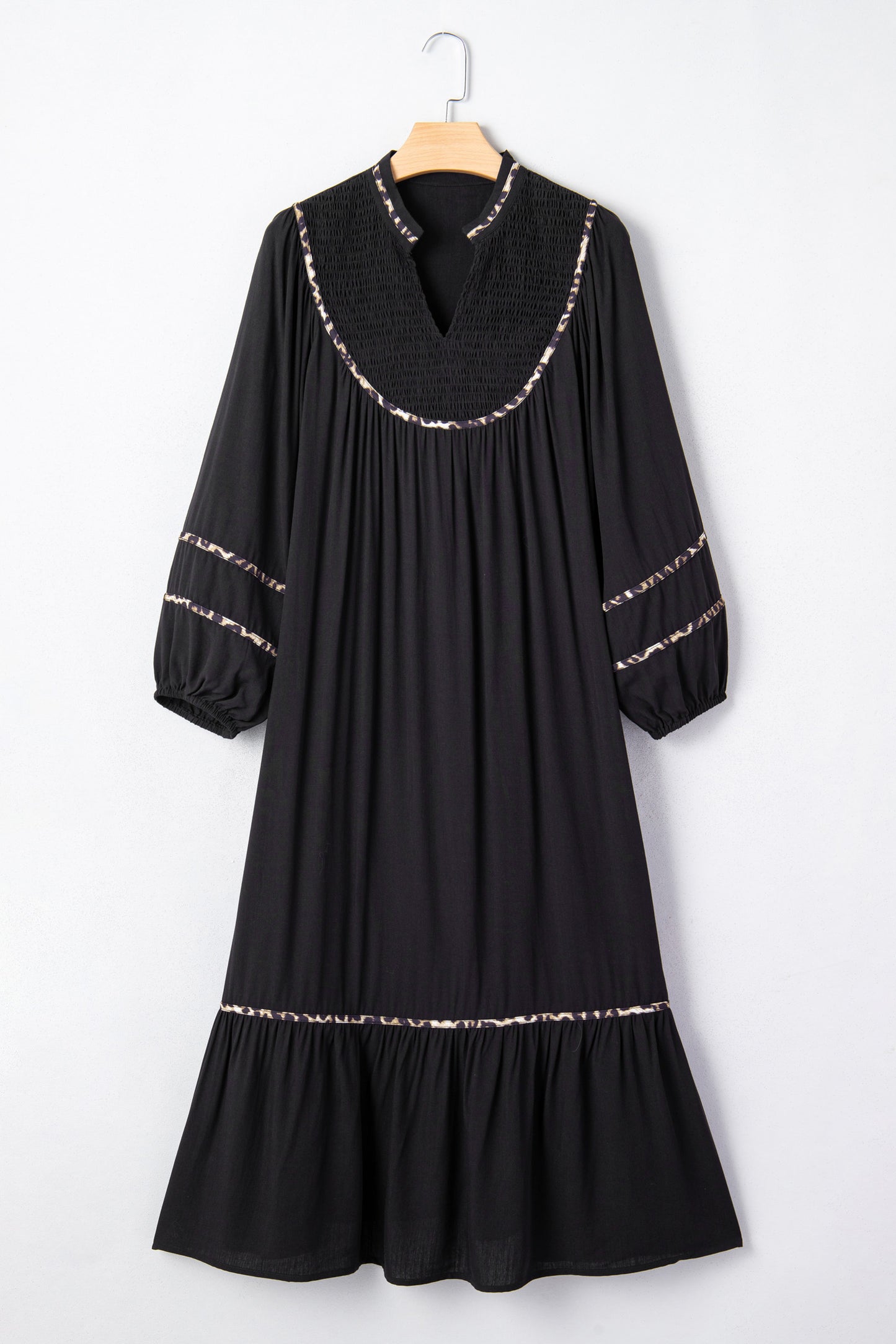 Black Contrast Leopard Trim Split Neck Long Sleeve Casual Midi Dress-TOPS / DRESSES-[Adult]-[Female]-2022 Online Blue Zone Planet