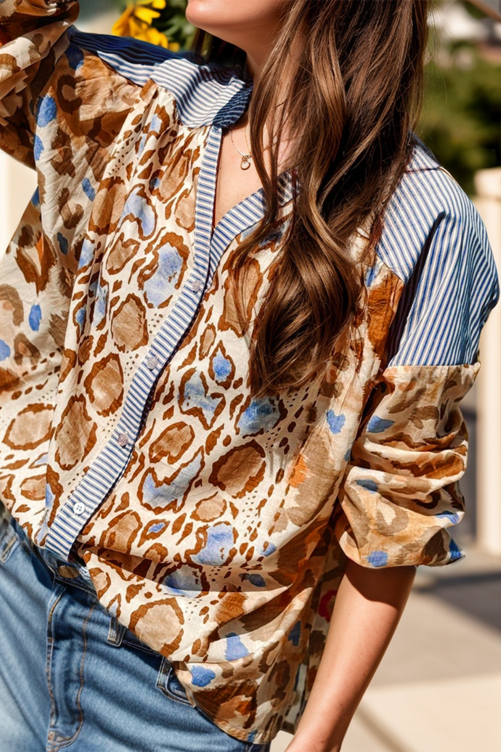 Printed Notched Long Sleeve Shirt-TOPS / DRESSES-[Adult]-[Female]-Tan-S-2022 Online Blue Zone Planet