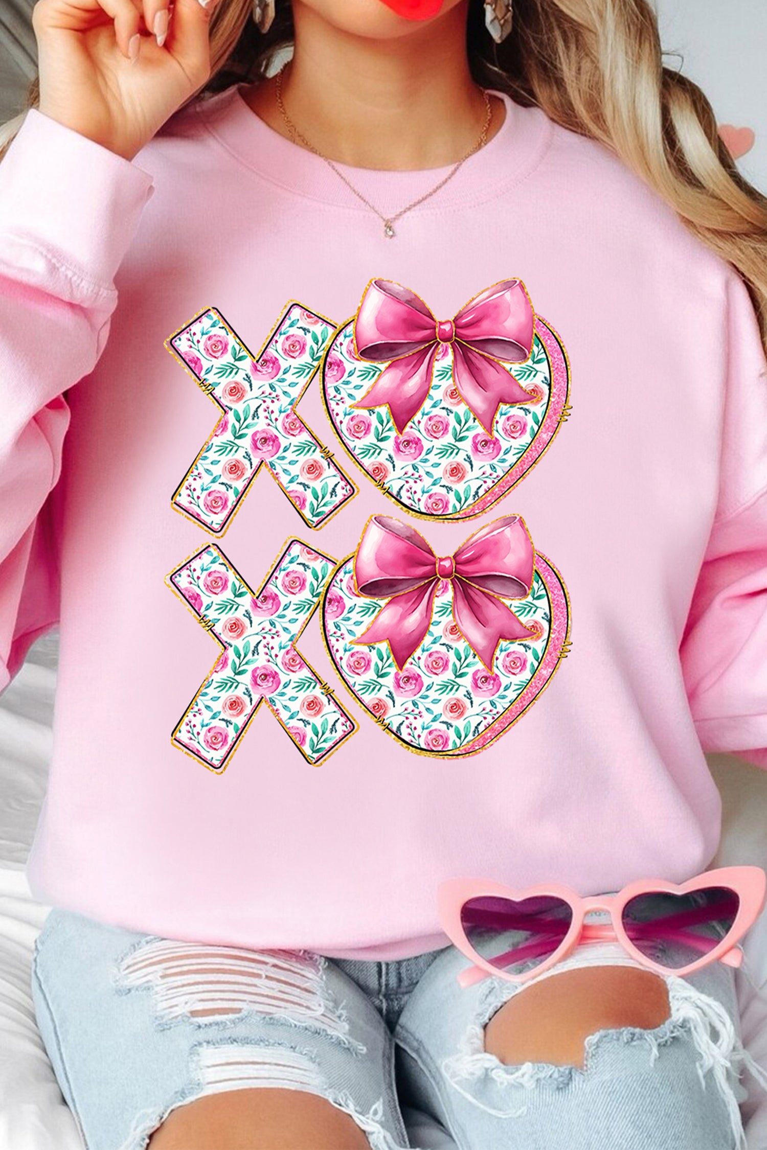 Pink Sweet Bow Floral Printed Valentines Day XOXO Sweatshirt-Graphic Sweatshirts-[Adult]-[Female]-Pink-2XL-2022 Online Blue Zone Planet
