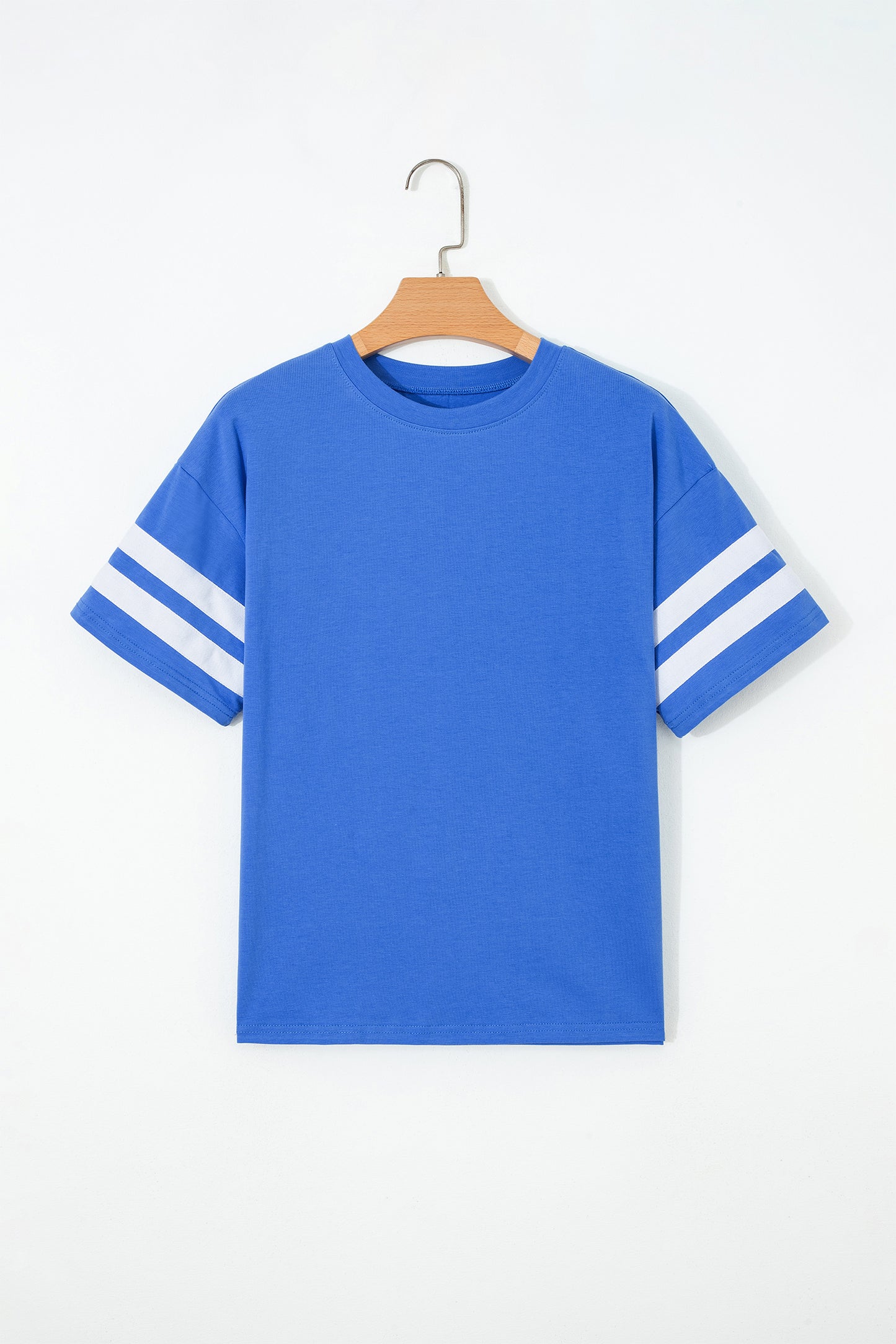 Dark Blue Varsity Striped Short Sleeve Crew Neck T Shirt-Tops/Tops & Tees-[Adult]-[Female]-2022 Online Blue Zone Planet