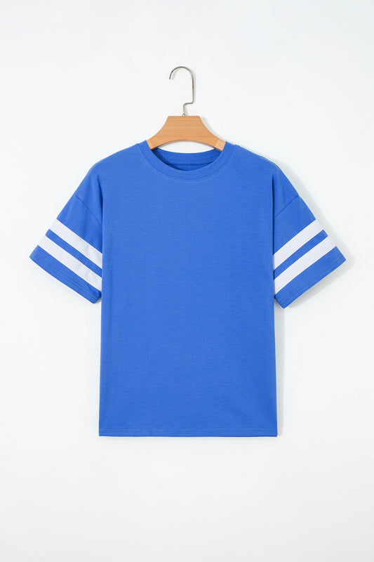 Dark Blue Varsity Striped Short Sleeve Crew Neck T Shirt-Tops/Tops & Tees-[Adult]-[Female]-2022 Online Blue Zone Planet