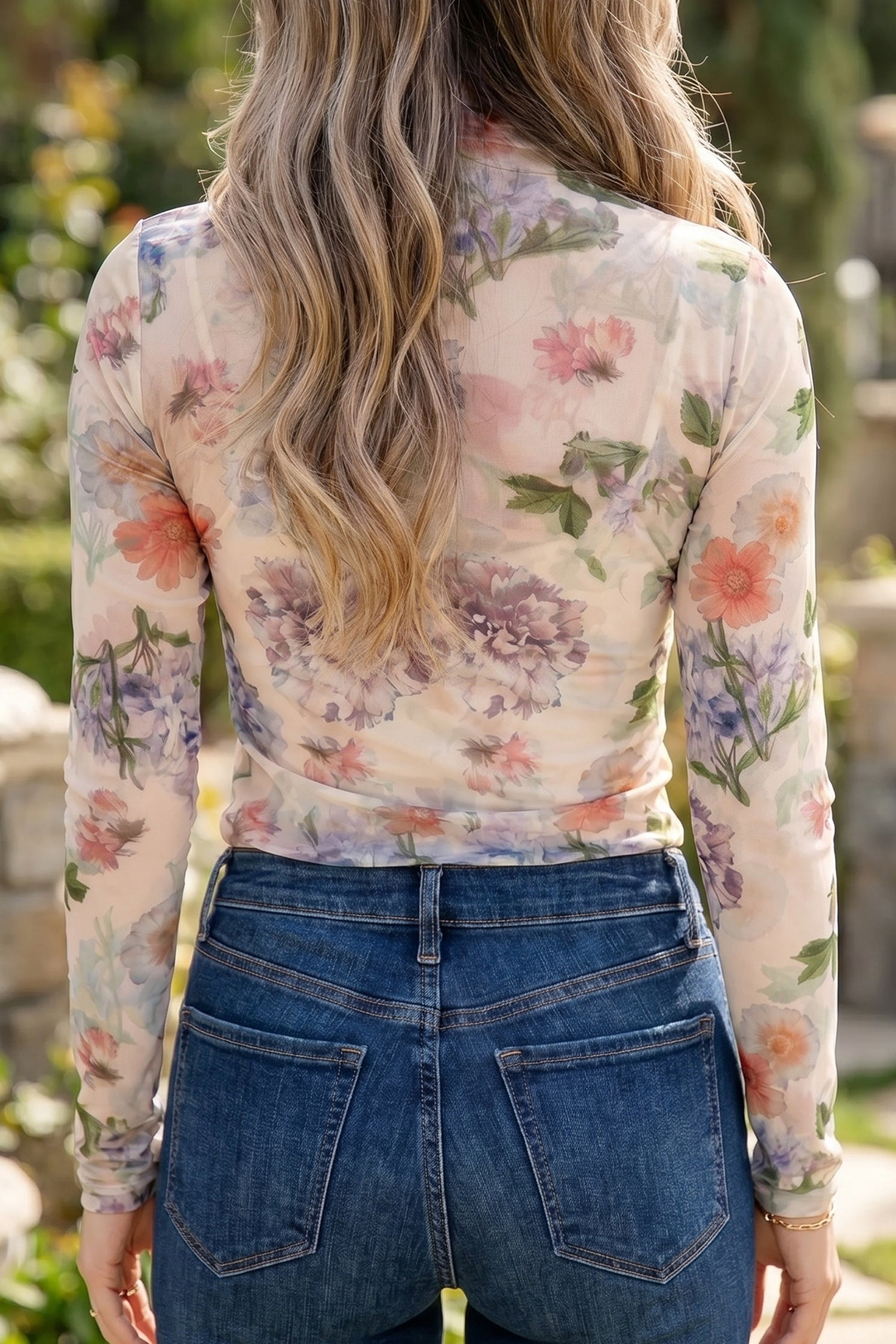 Apricot Floral Print Mock Neck Thumbhole Long Sleeve Top-Tops/Long Sleeve Tops-[Adult]-[Female]-2022 Online Blue Zone Planet