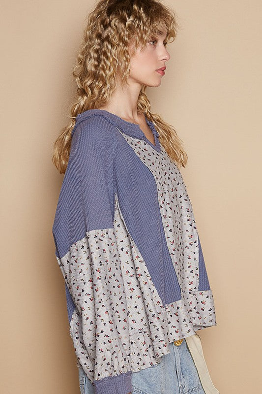 POL Waffle Knit Floral Notched Long Sleeve Top-TOPS / DRESSES-[Adult]-[Female]-2022 Online Blue Zone Planet