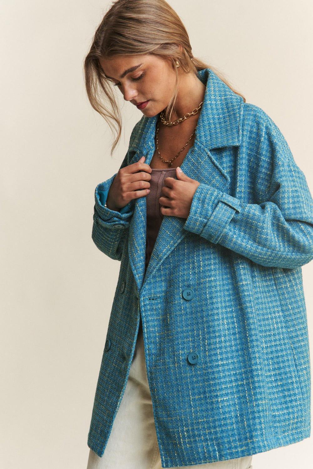 J.NNA Tweed Double-Breasted Long Sleeve Coat-TOPS / DRESSES-[Adult]-[Female]-2022 Online Blue Zone Planet