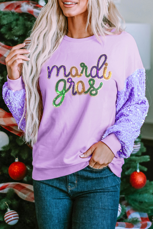 Orchid Petal mardi gras Graphic Sequin Patchwork Long Sleeve Top-Graphic/Graphic Long Sleeve Tees-[Adult]-[Female]-Orchid Petal-S-2022 Online Blue Zone Planet