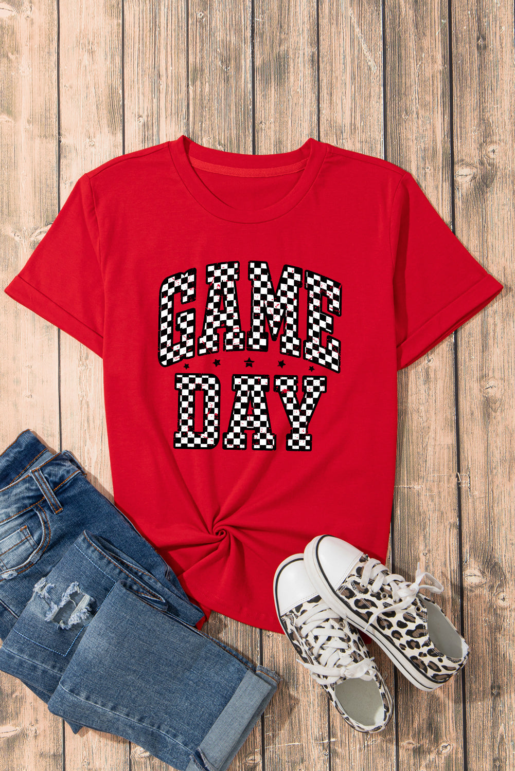 Red Checkered Game Day Graphic T Shirt-Graphic/Graphic Tees-[Adult]-[Female]-2022 Online Blue Zone Planet