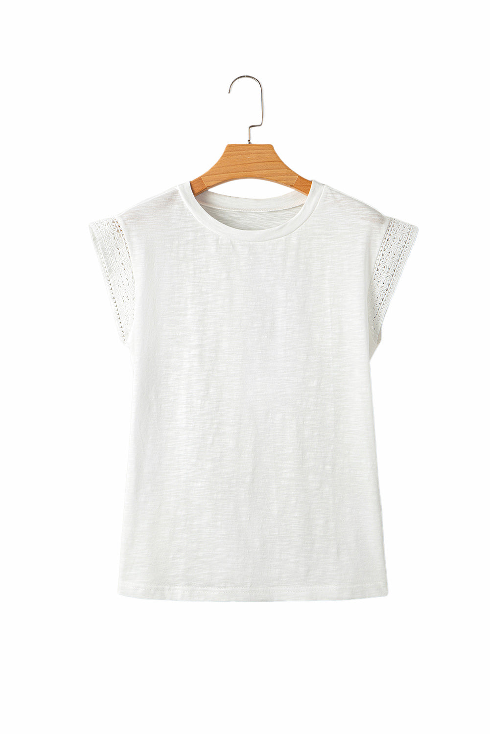 White Lace Patchwork Cap Sleeve Round Neck T Shirt-Tops/Tops & Tees-[Adult]-[Female]-2022 Online Blue Zone Planet