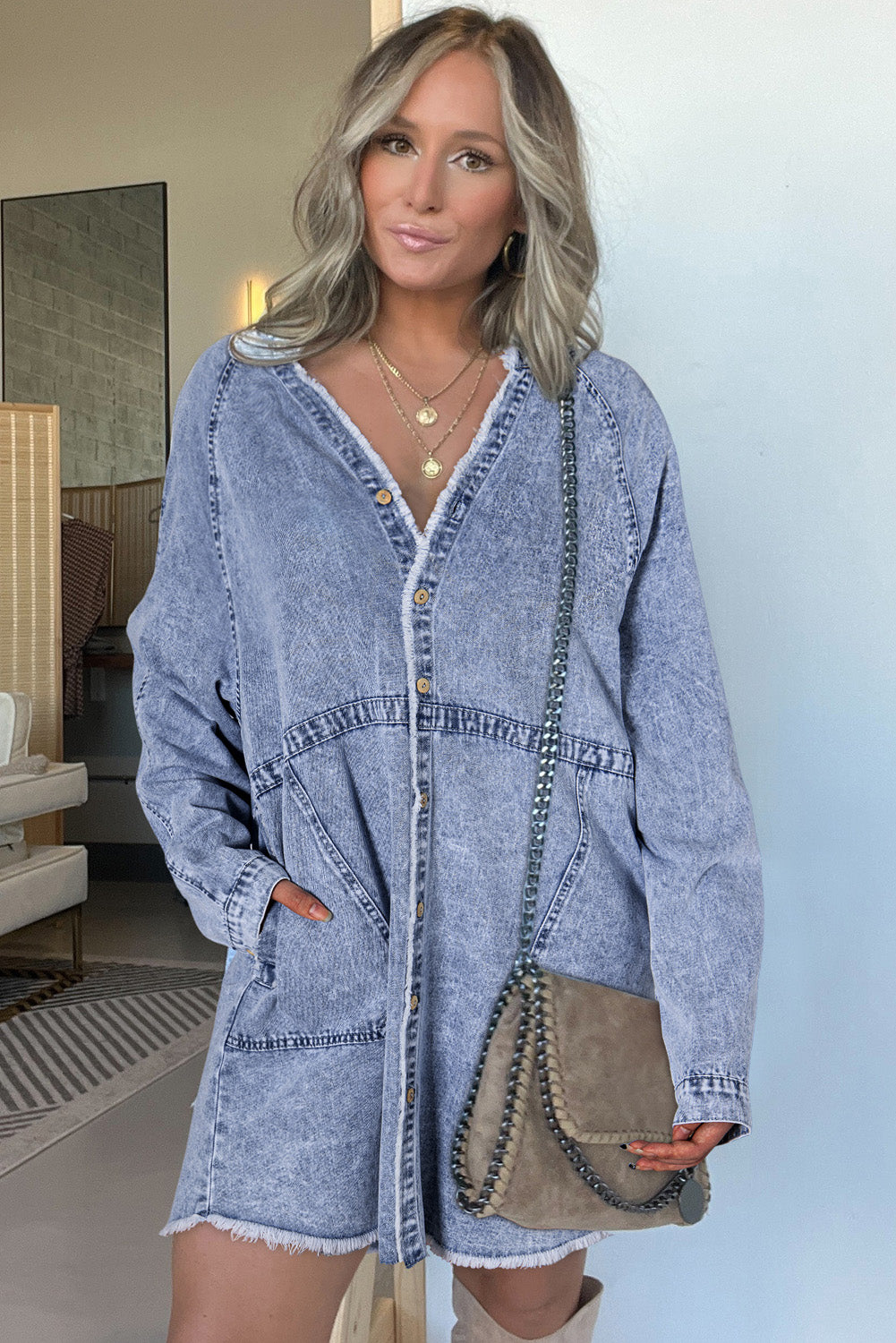 Beau Blue Mineral Wash Long Sleeve Button Up Raw Hem Pocketed Denim Dress-Dresses/Mini Dresses-[Adult]-[Female]-2022 Online Blue Zone Planet