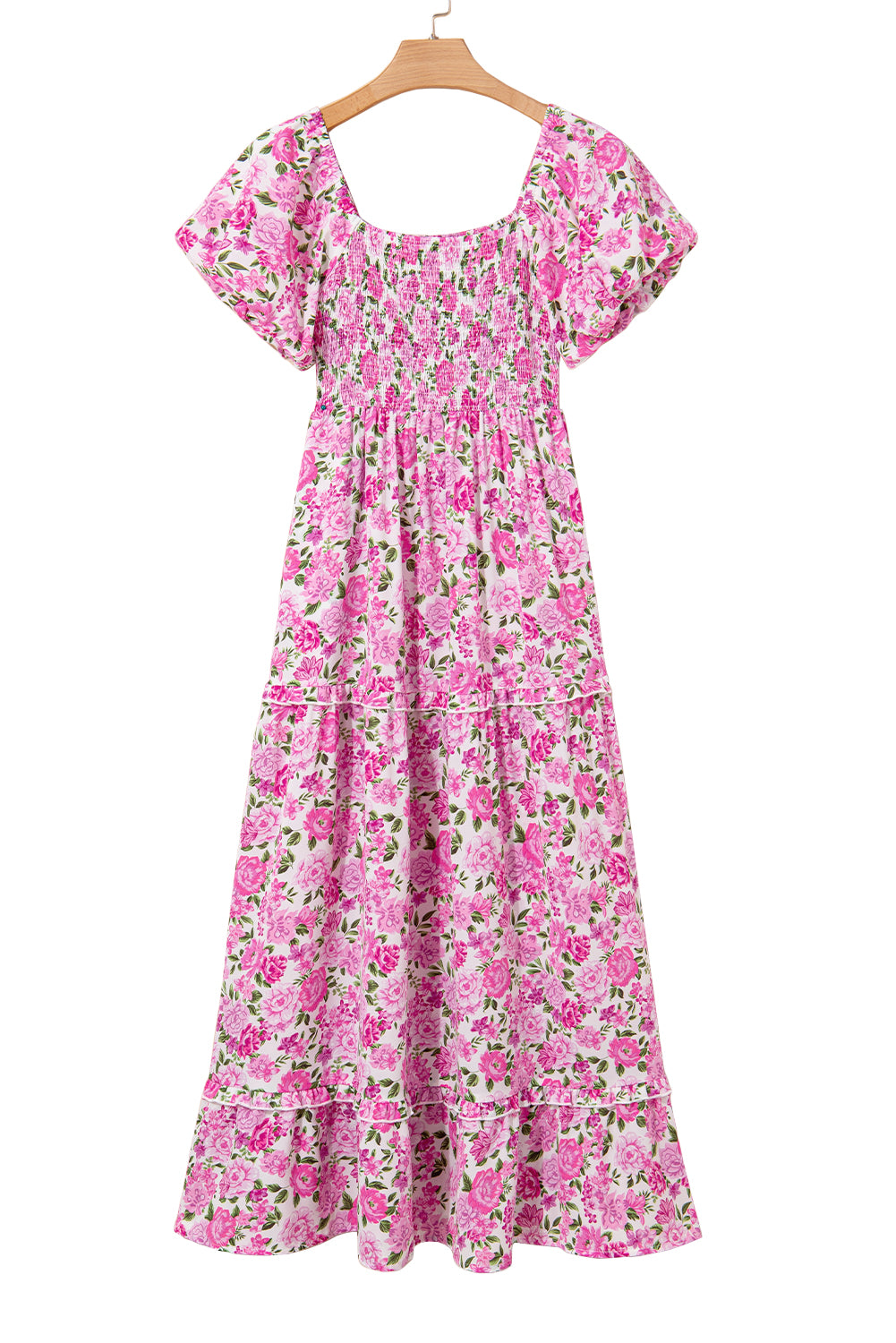 Pink Dainty Floral Smocked Puff Sleeve Flowy Long Dress-TOPS / DRESSES-[Adult]-[Female]-2022 Online Blue Zone Planet