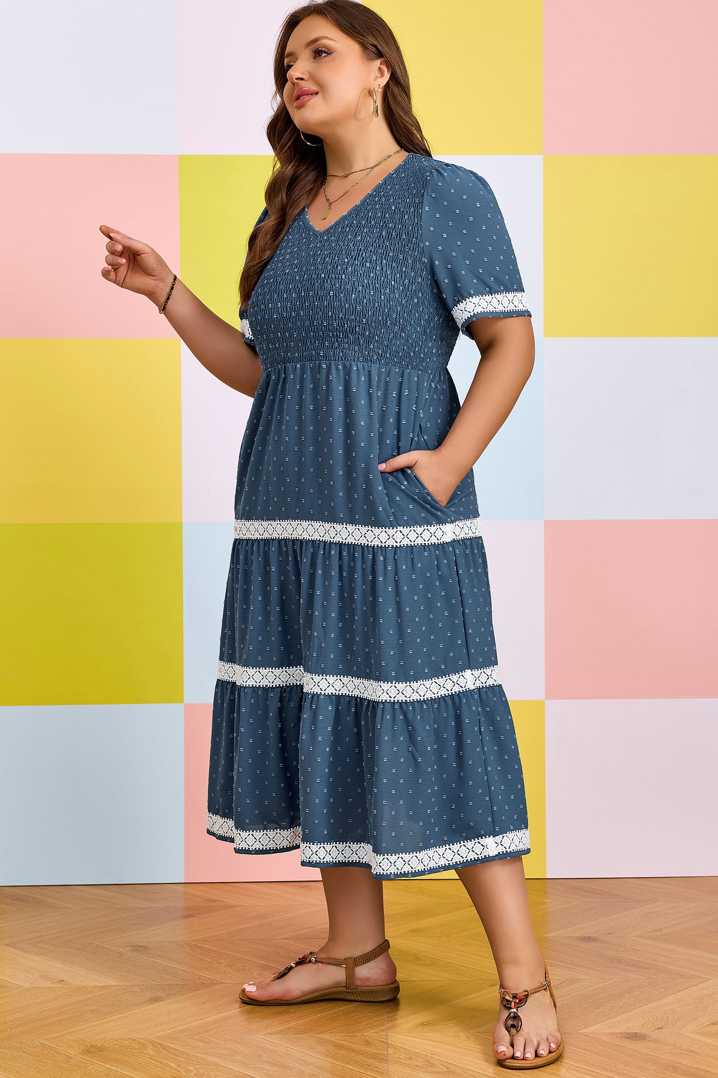 Dusk Blue Plus Size V Neck Swiss Dot Lace Patchwork Detail Flared Midi Dress-Plus Size/Plus Size Dresses/Plus Size Midi Dresses-[Adult]-[Female]-2022 Online Blue Zone Planet