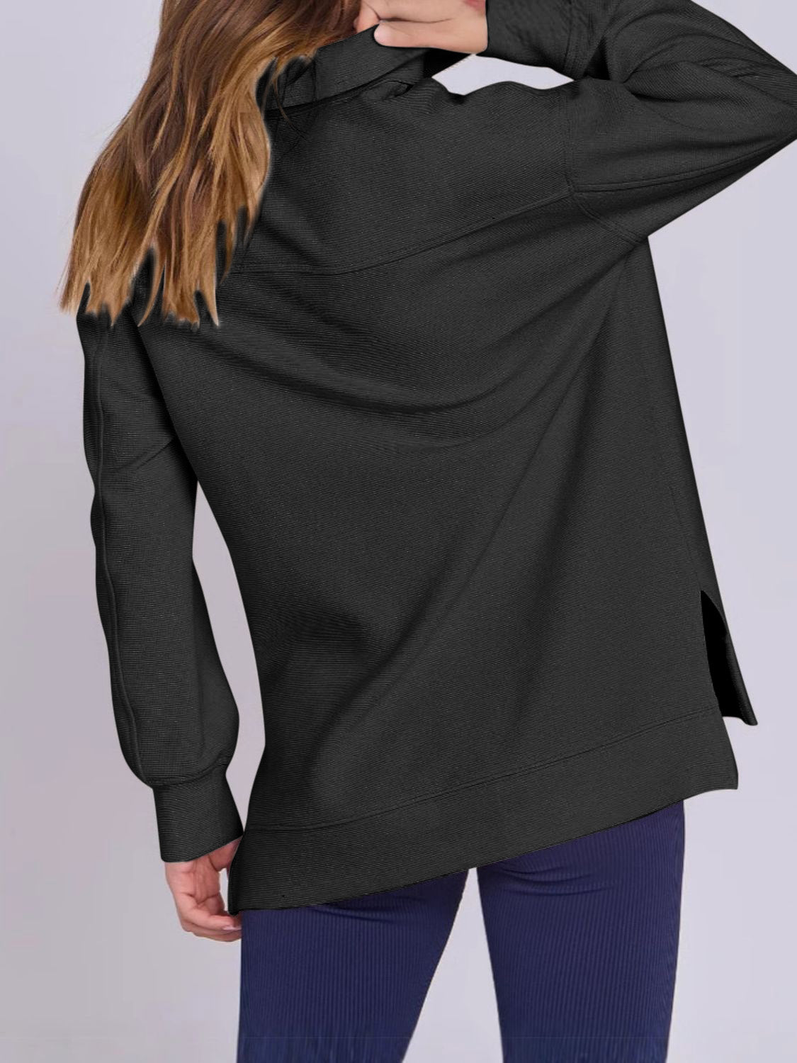 Blue Zone Planet | ฺHigh-Low Quarter Zip Long Sleeve Sweatshirt-TOPS / DRESSES-[Adult]-[Female]-2022 Online Blue Zone Planet