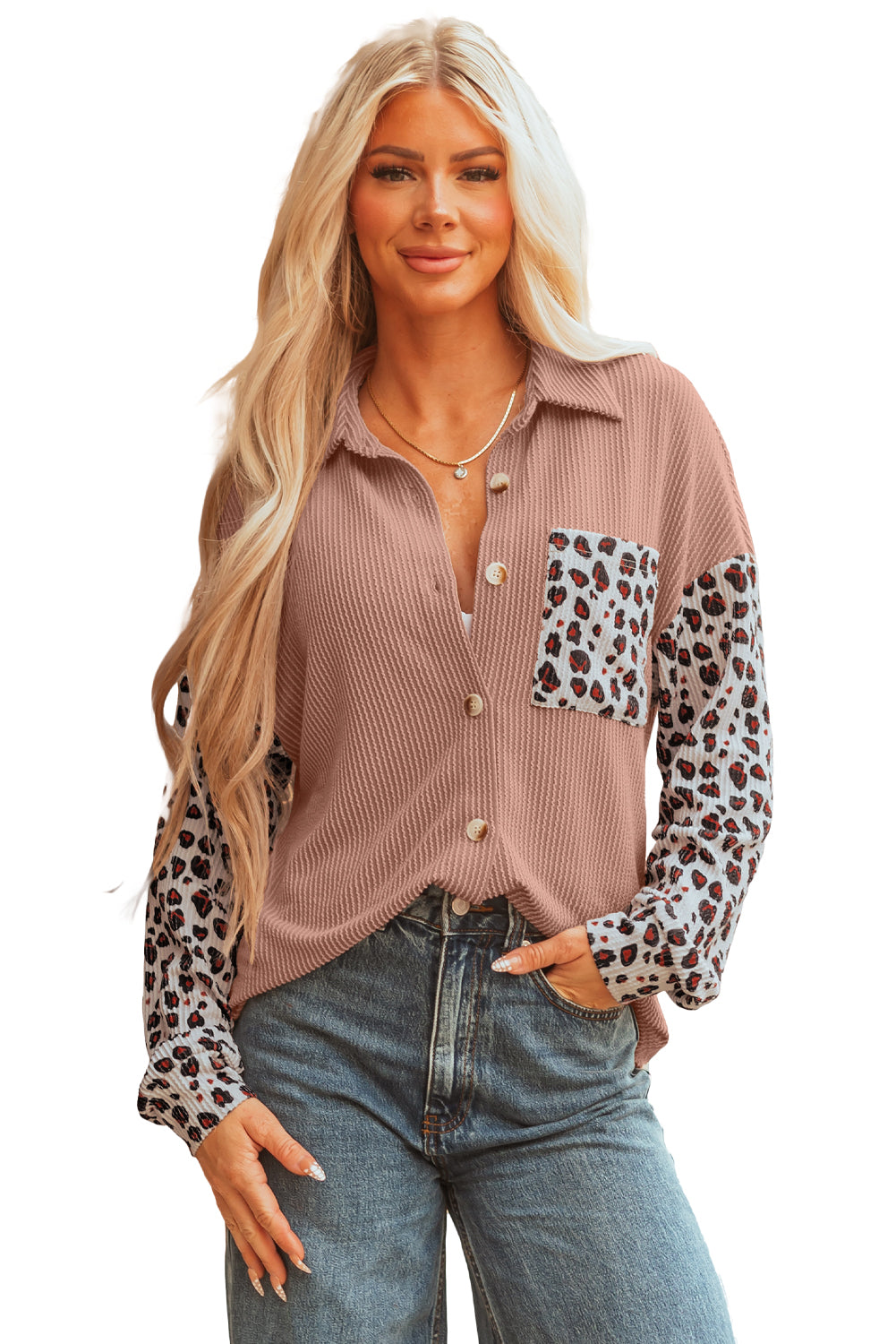 Dark Khaki Leopard Patched Twisted Ribbed Western Casual Shacket-Outerwear/Jackets-[Adult]-[Female]-2022 Online Blue Zone Planet