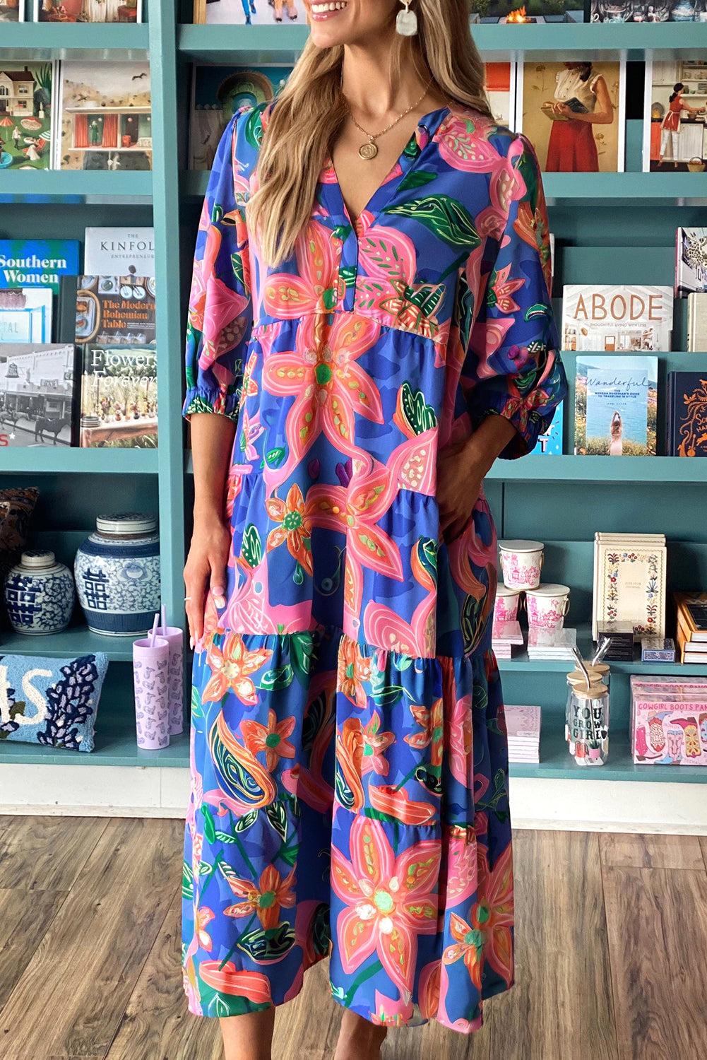 Blue Floral Print 3/4 Sleeve V Neck Tiered Long Dress-Dresses/Floral Dresses-[Adult]-[Female]-Blue-S-2022 Online Blue Zone Planet