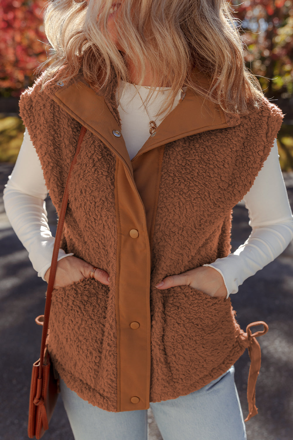 Cinnamon Faux Fur Snap Button Front Knot Side Plush Vest With Pockets-Outerwear/Vests-[Adult]-[Female]-2022 Online Blue Zone Planet