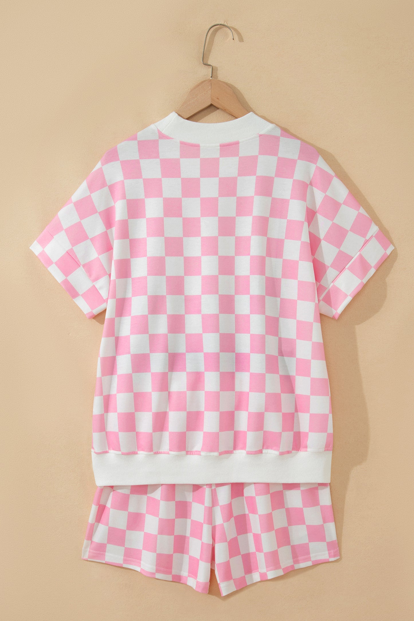 Pink Checkered Print Color Block Trim Mock Neck Short Set-Two Piece Sets/Short Sets-[Adult]-[Female]-2022 Online Blue Zone Planet