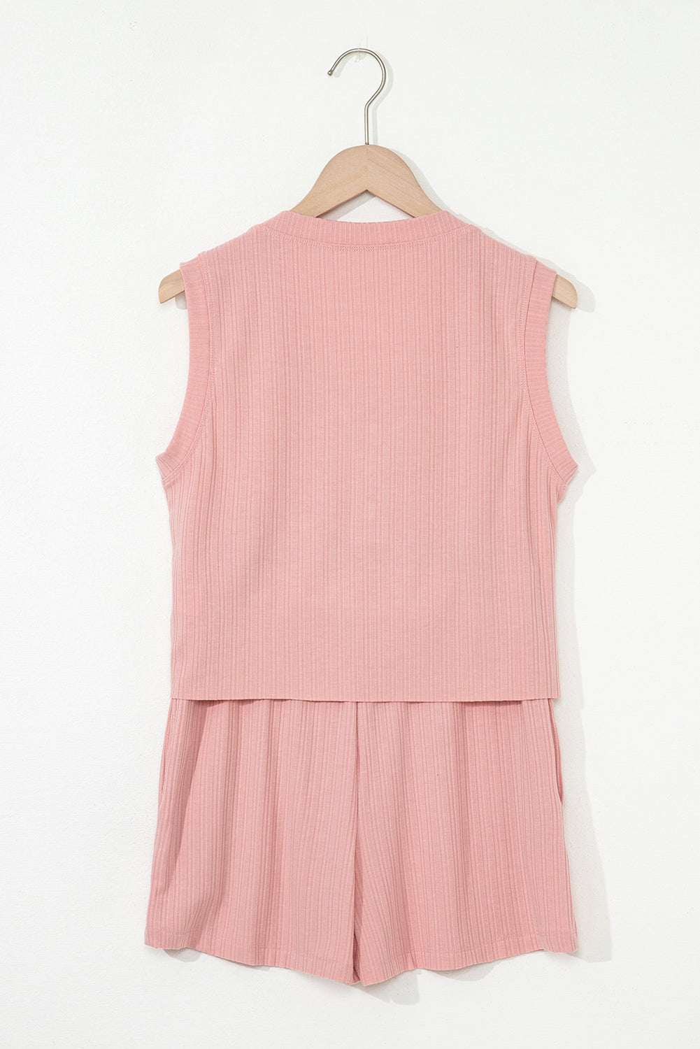 Gossamer Pink Ribbed Button V Neck Tank Top and Shorts Set-Two Piece Sets/Short Sets-[Adult]-[Female]-2022 Online Blue Zone Planet