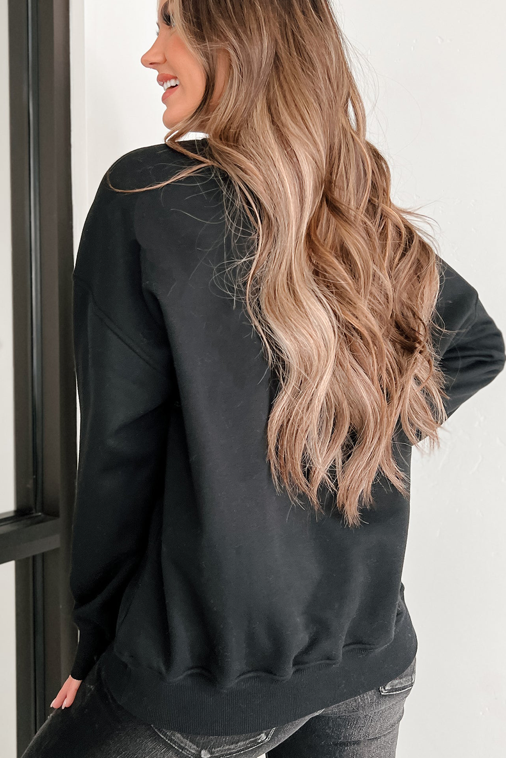 Black Easter Bunny Sequin Patched Drop Shoulder Sweatshirt-Graphic/Graphic Sweatshirts-[Adult]-[Female]-2022 Online Blue Zone Planet